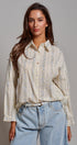 Floral Stripe Cotton Button Down Blouse with Gathered Sleeves in Cream - Women's Tops | Urban Daizy