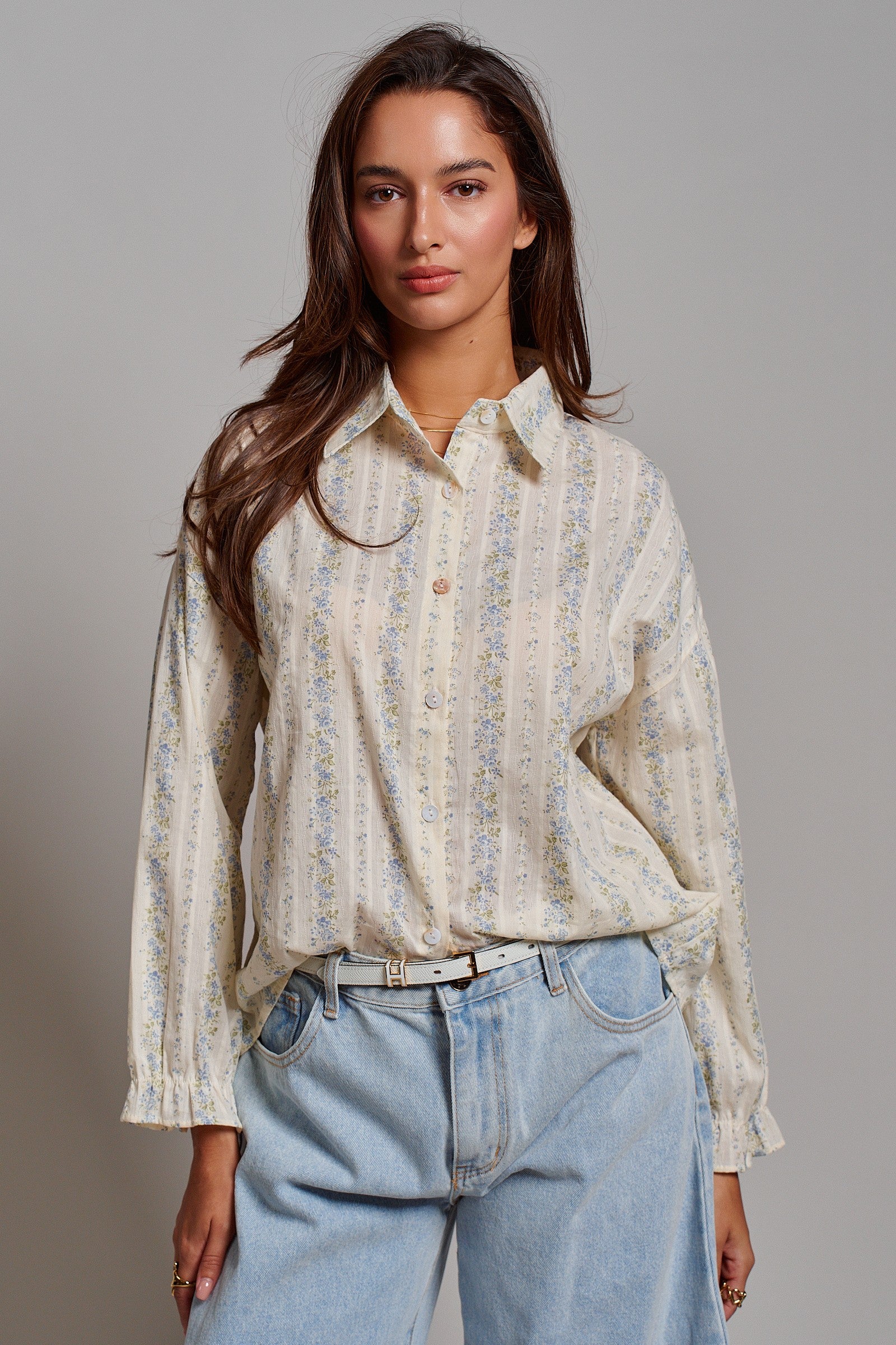 Floral Stripe Cotton Button Down Blouse with Gathered Sleeves in Cream - Women's Tops | Urban Daizy