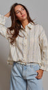 Floral Stripe Cotton Button Down Blouse with Gathered Sleeves in Cream - Women's Tops | Urban Daizy