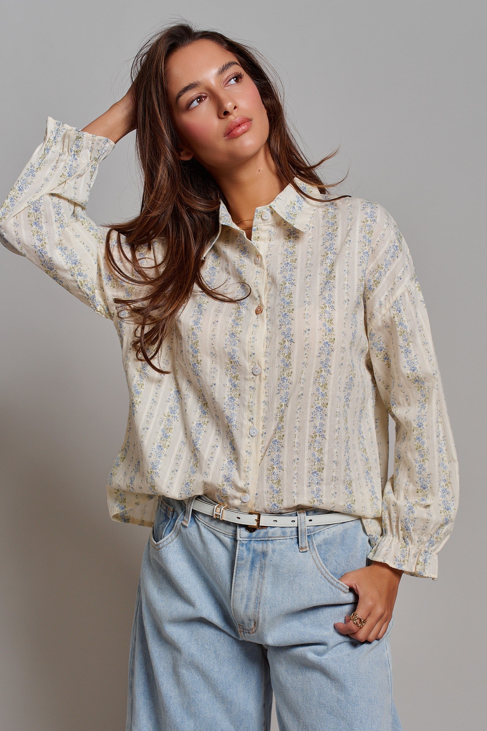 Floral Stripe Cotton Button Down Blouse with Gathered Sleeves in Cream - Women's Tops | Urban Daizy