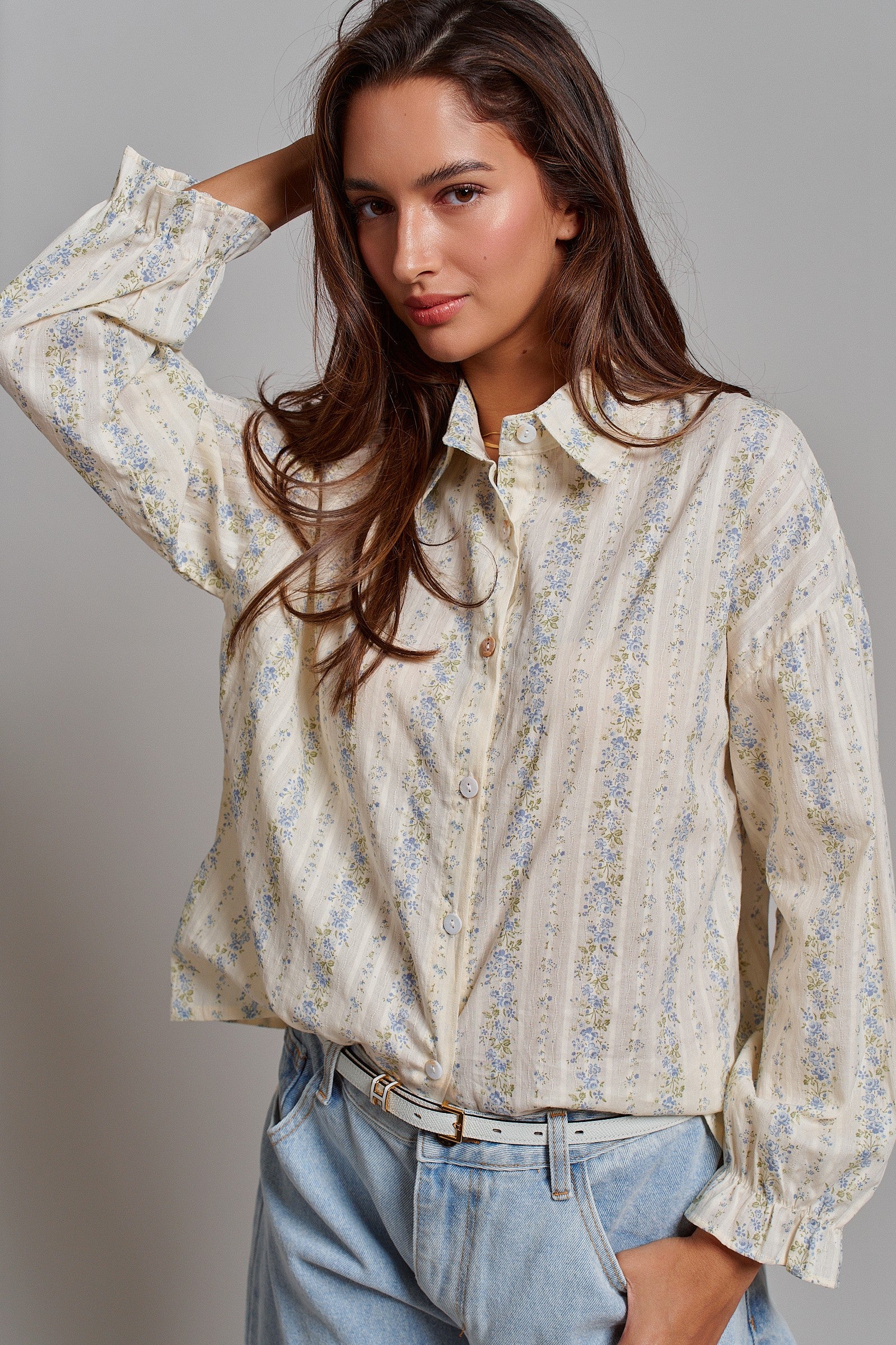 Floral Stripe Cotton Button Down Blouse with Gathered Sleeves in Cream - Women's Tops | Urban Daizy