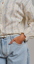 Floral Stripe Cotton Button Down Blouse with Gathered Sleeves in Cream - Women's Tops | Urban Daizy
