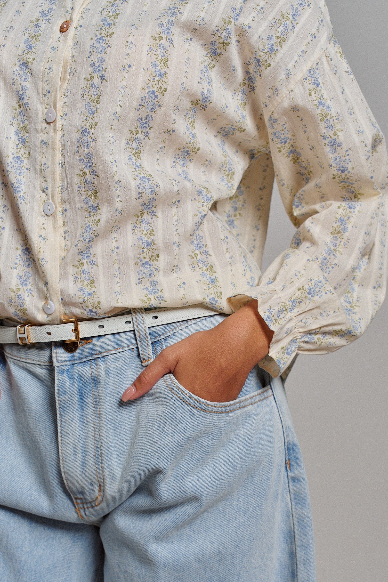 Floral Stripe Cotton Button Down Blouse with Gathered Sleeves in Cream - Women's Tops | Urban Daizy