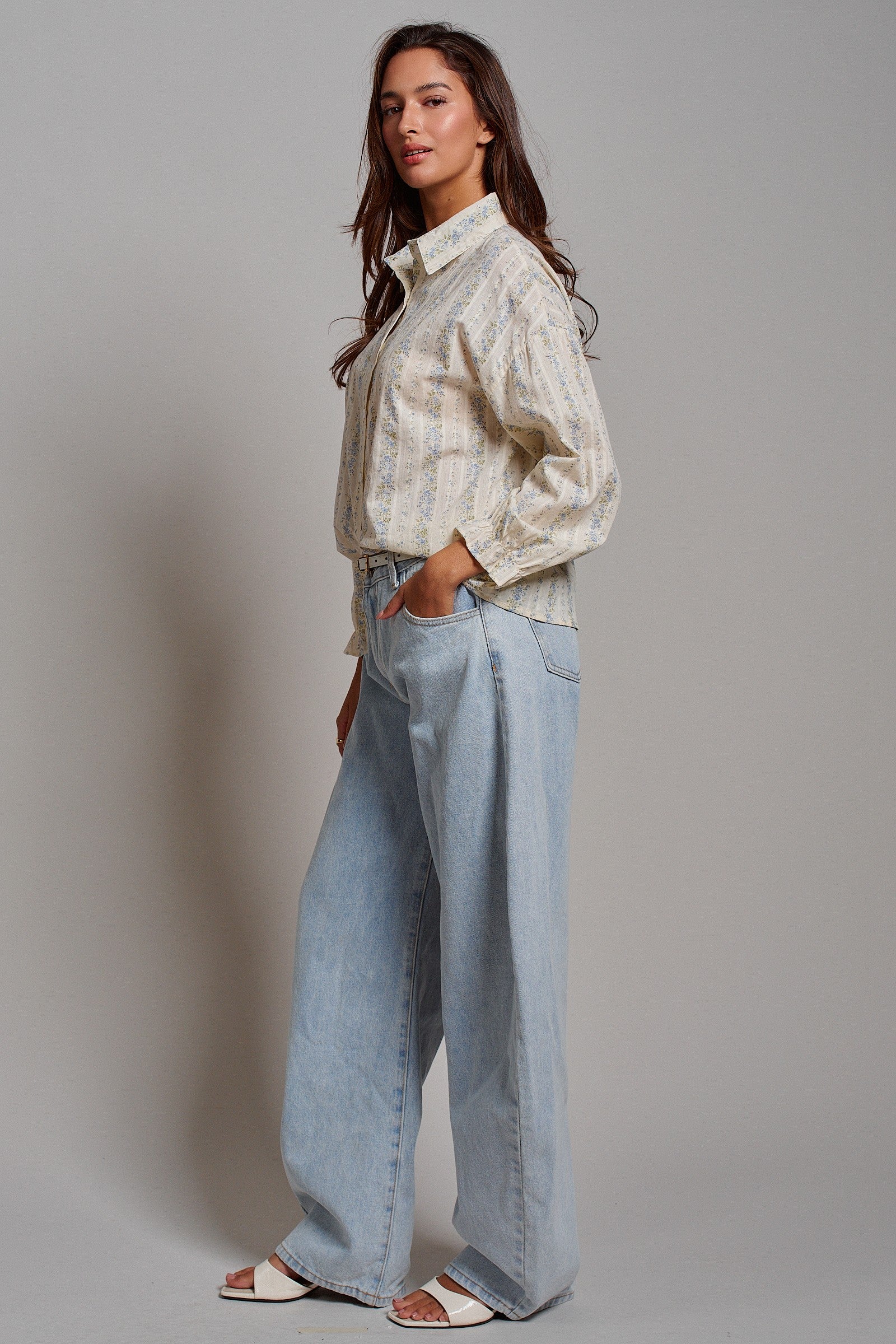 Floral Stripe Cotton Button Down Blouse with Gathered Sleeves in Cream - Women's Tops | Urban Daizy
