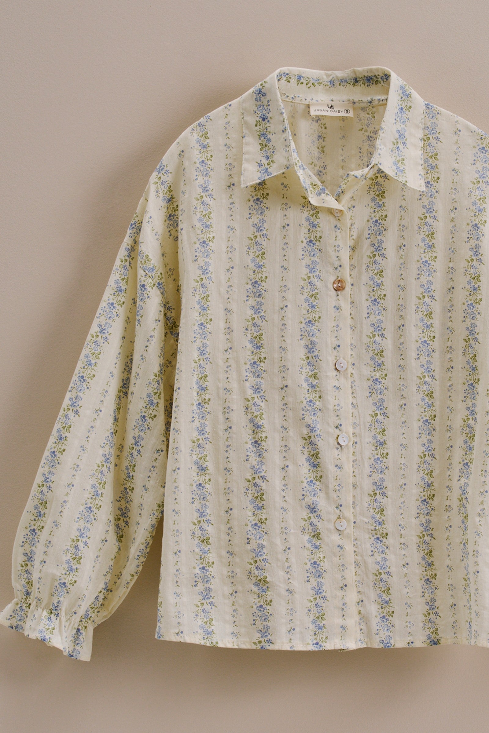 Floral Stripe Cotton Button Down Blouse with Gathered Sleeves in Cream - Women's Tops | Urban Daizy