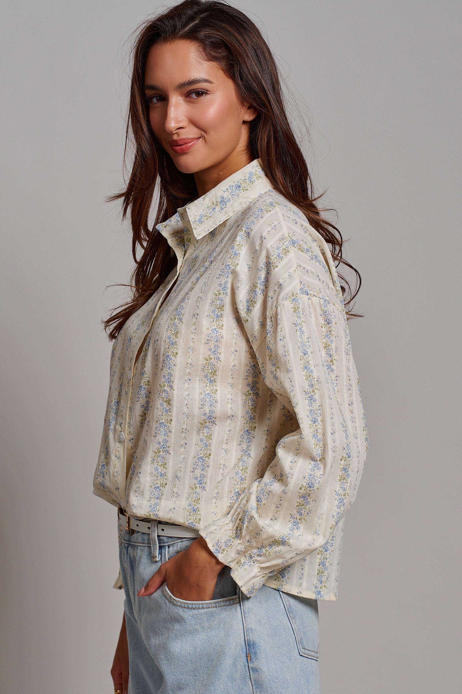 Floral Stripe Cotton Button Down Blouse with Gathered Sleeves in Cream - Women's Tops | Urban Daizy