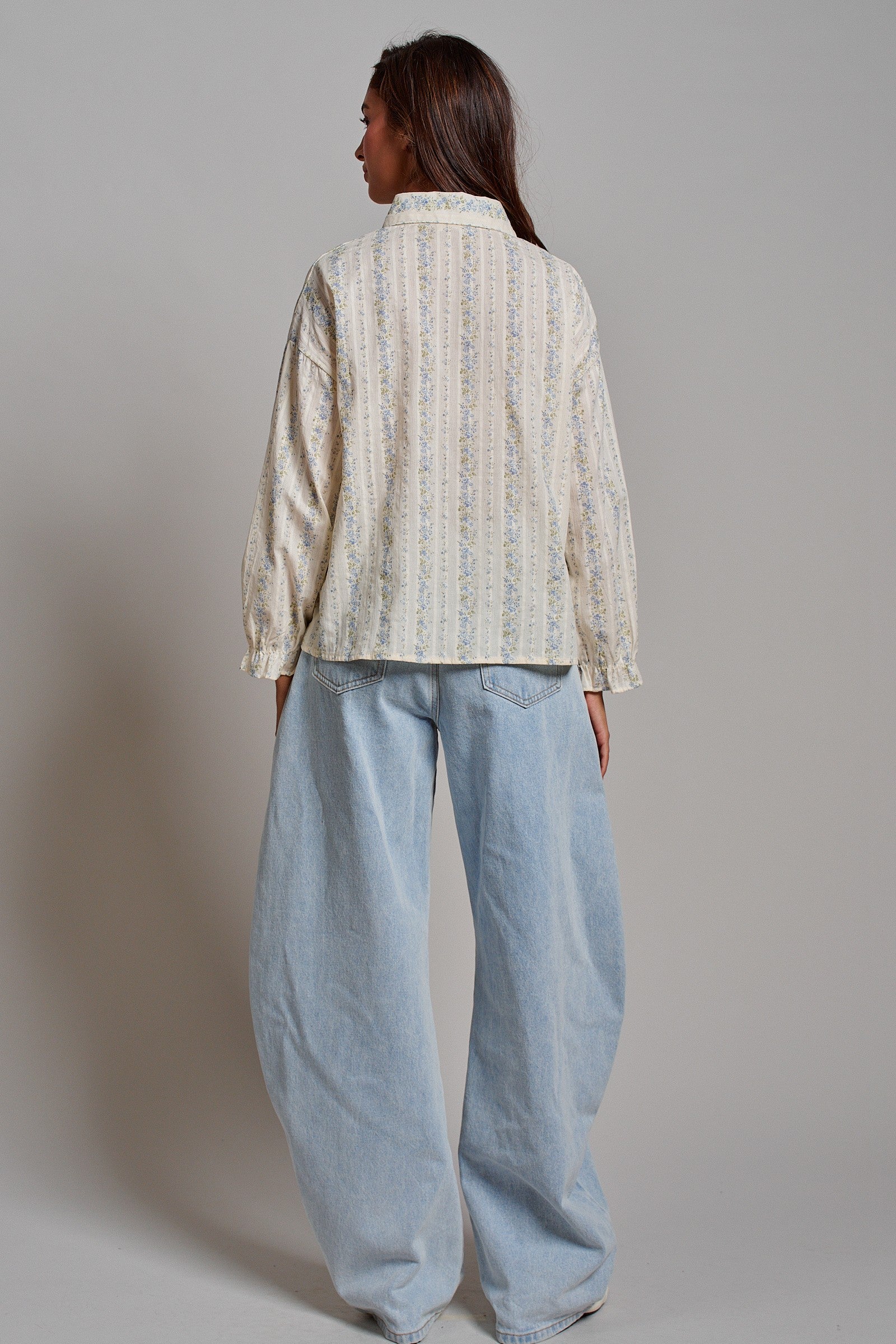Floral Stripe Cotton Button Down Blouse with Gathered Sleeves in Cream - Women's Tops | Urban Daizy