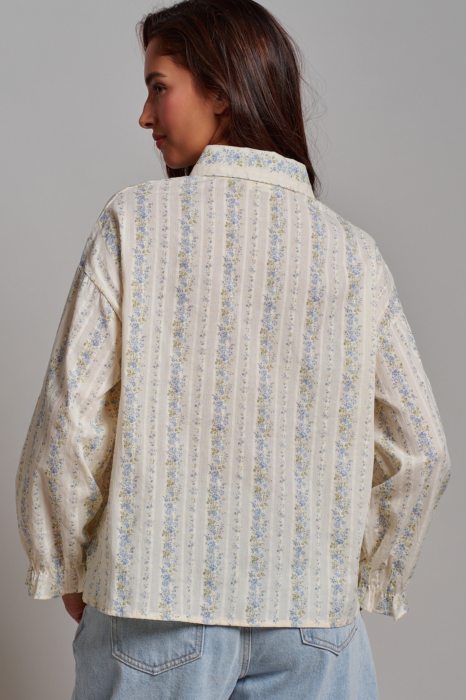 Floral Stripe Cotton Button Down Blouse with Gathered Sleeves in Cream - Women's Tops | Urban Daizy
