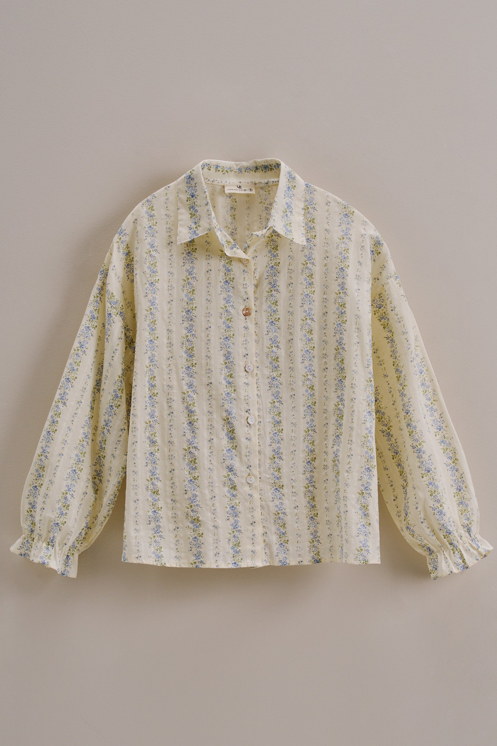 Floral Stripe Cotton Button Down Blouse with Gathered Sleeves in Cream - Women's Tops | Urban Daizy