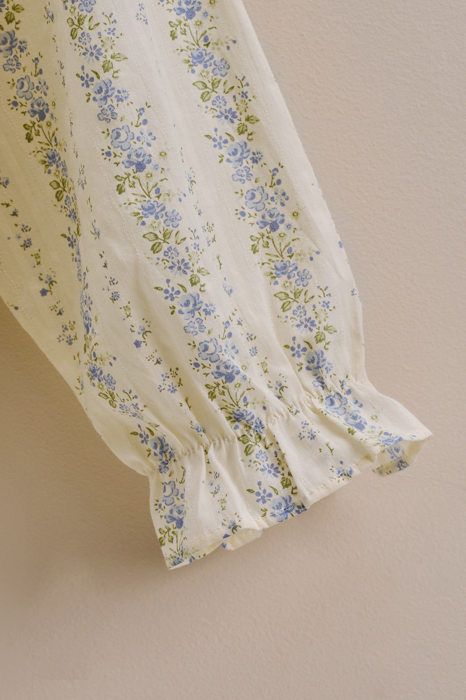 Floral Stripe Cotton Button Down Blouse with Gathered Sleeves in Cream - Women's Tops | Urban Daizy