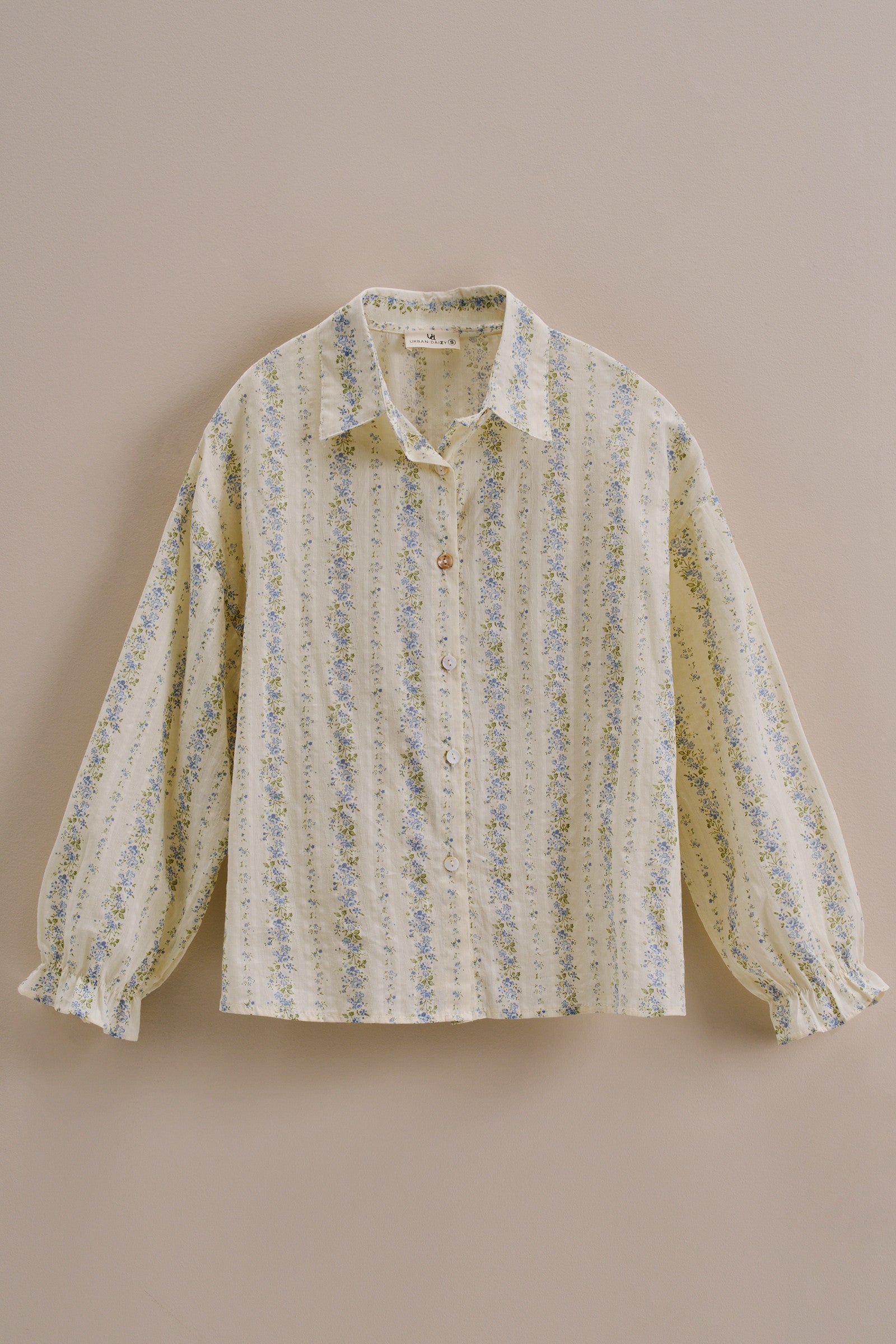 Floral Stripe Cotton Button Down Blouse with Gathered Sleeves in Cream - Women's Tops | Urban Daizy