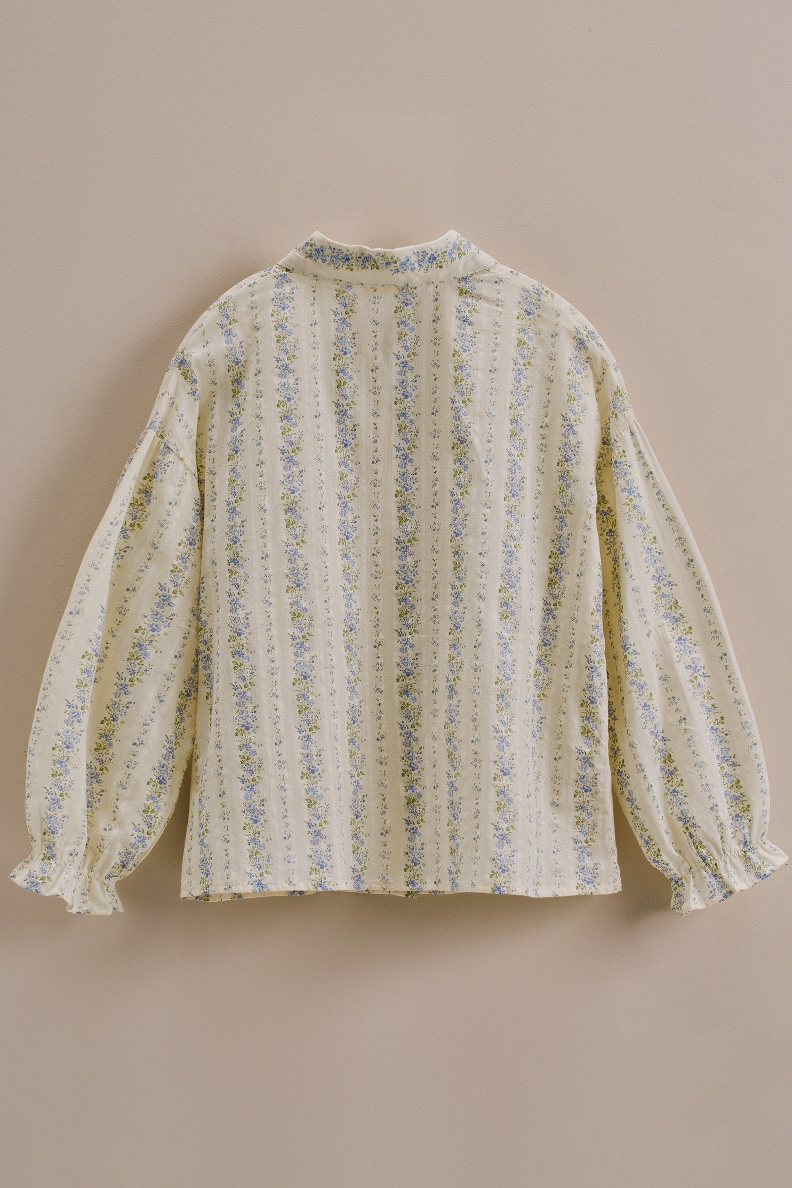 Floral Stripe Cotton Button Down Blouse with Gathered Sleeves in Cream - Women's Tops | Urban Daizy