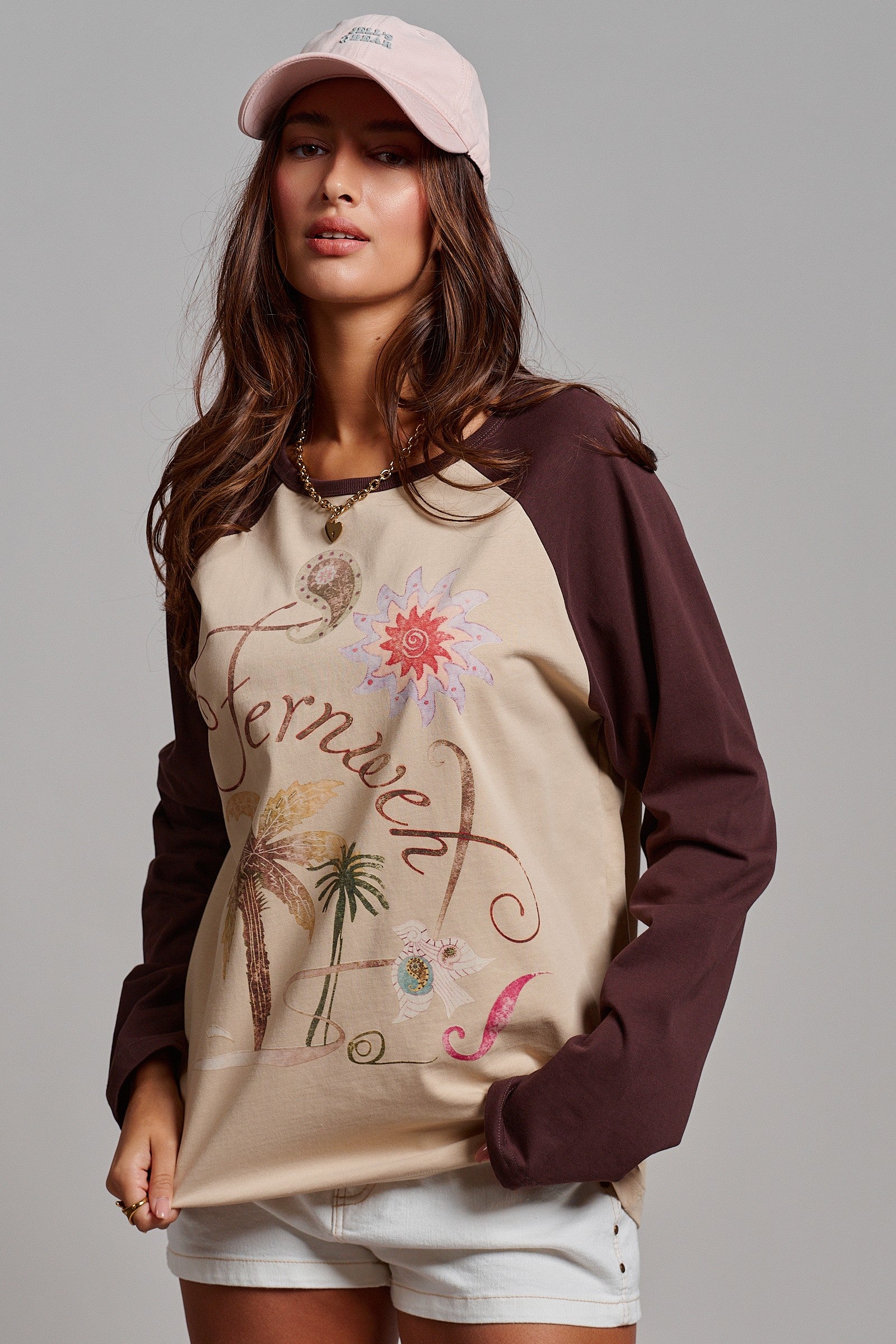 Retro Free Spirit Raglan Baseball Tee in Taupe Brown - Women's Tops | Urban Daizy