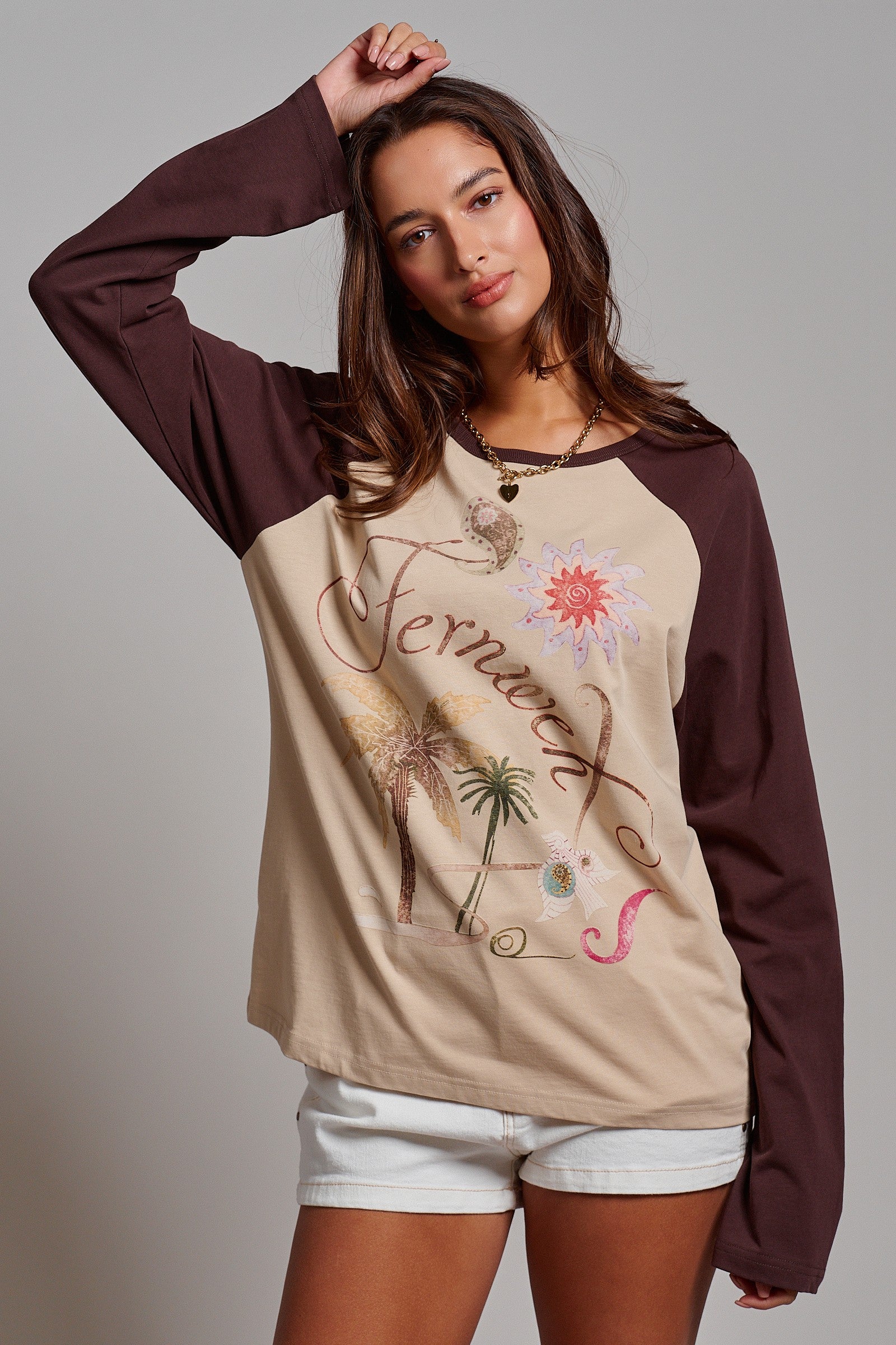 Retro Free Spirit Raglan Baseball Tee in Taupe Brown - Women's Tops | Urban Daizy