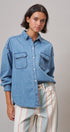 Oversized Denim Button-Down Shirt with Chest Pockets in Blue - Women's Shirts & Blouses | Urban Daizy