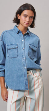 Oversized Denim Button-Down Shirt with Chest Pockets in Blue - Women's Shirts & Blouses | Urban Daizy