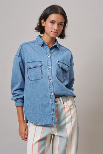 Oversized Denim Button-Down Shirt with Chest Pockets
