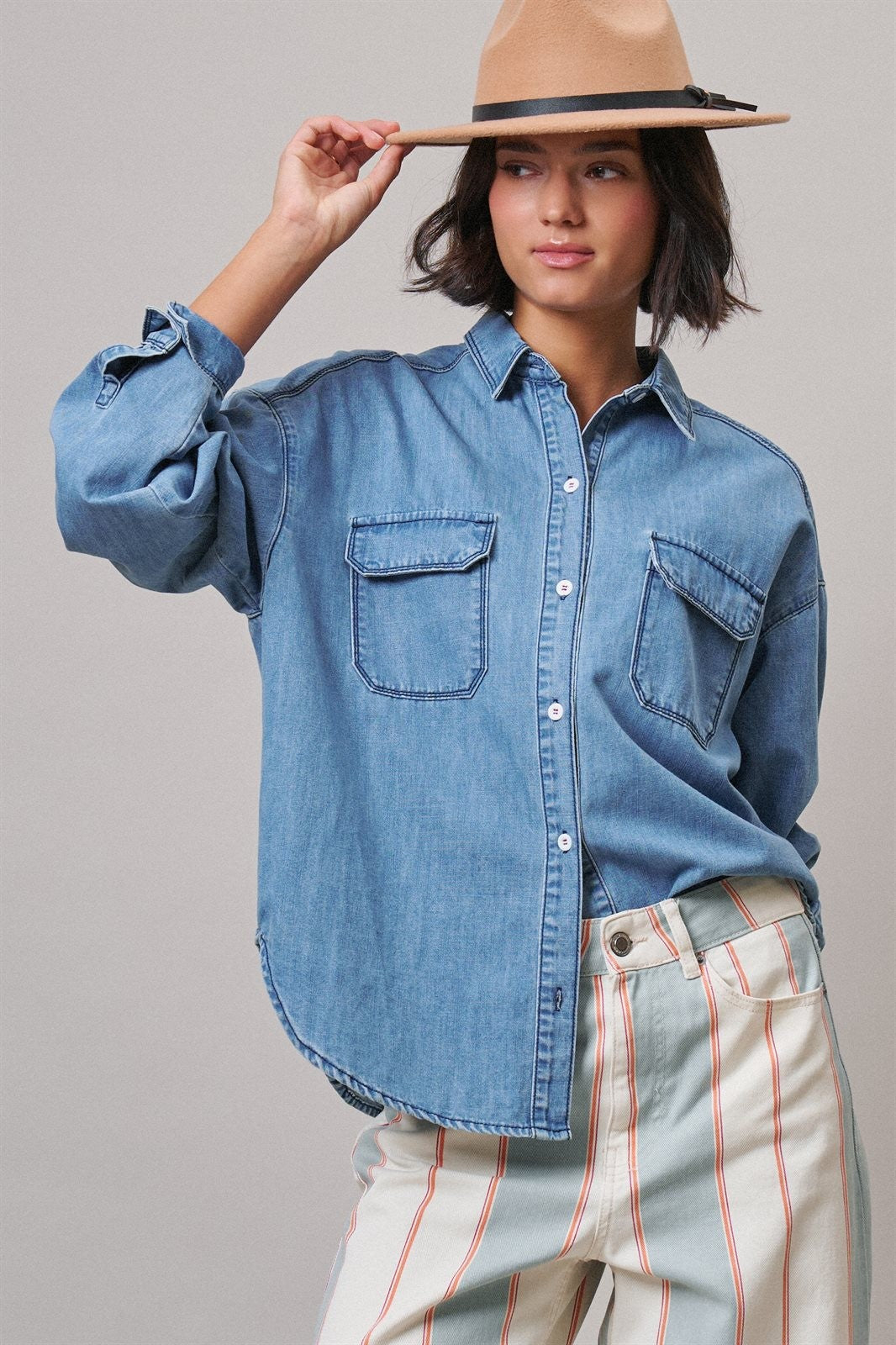 Oversized Denim Button-Down Shirt with Chest Pockets in Blue - Women's Shirts & Blouses | Urban Daizy