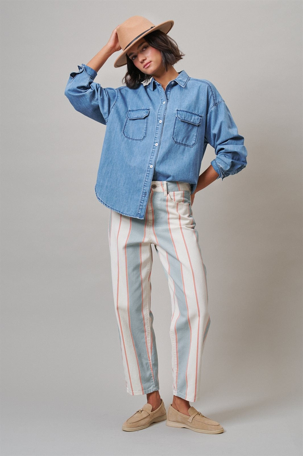 Oversized Denim Button-Down Shirt with Chest Pockets in Blue - Women's Shirts & Blouses | Urban Daizy