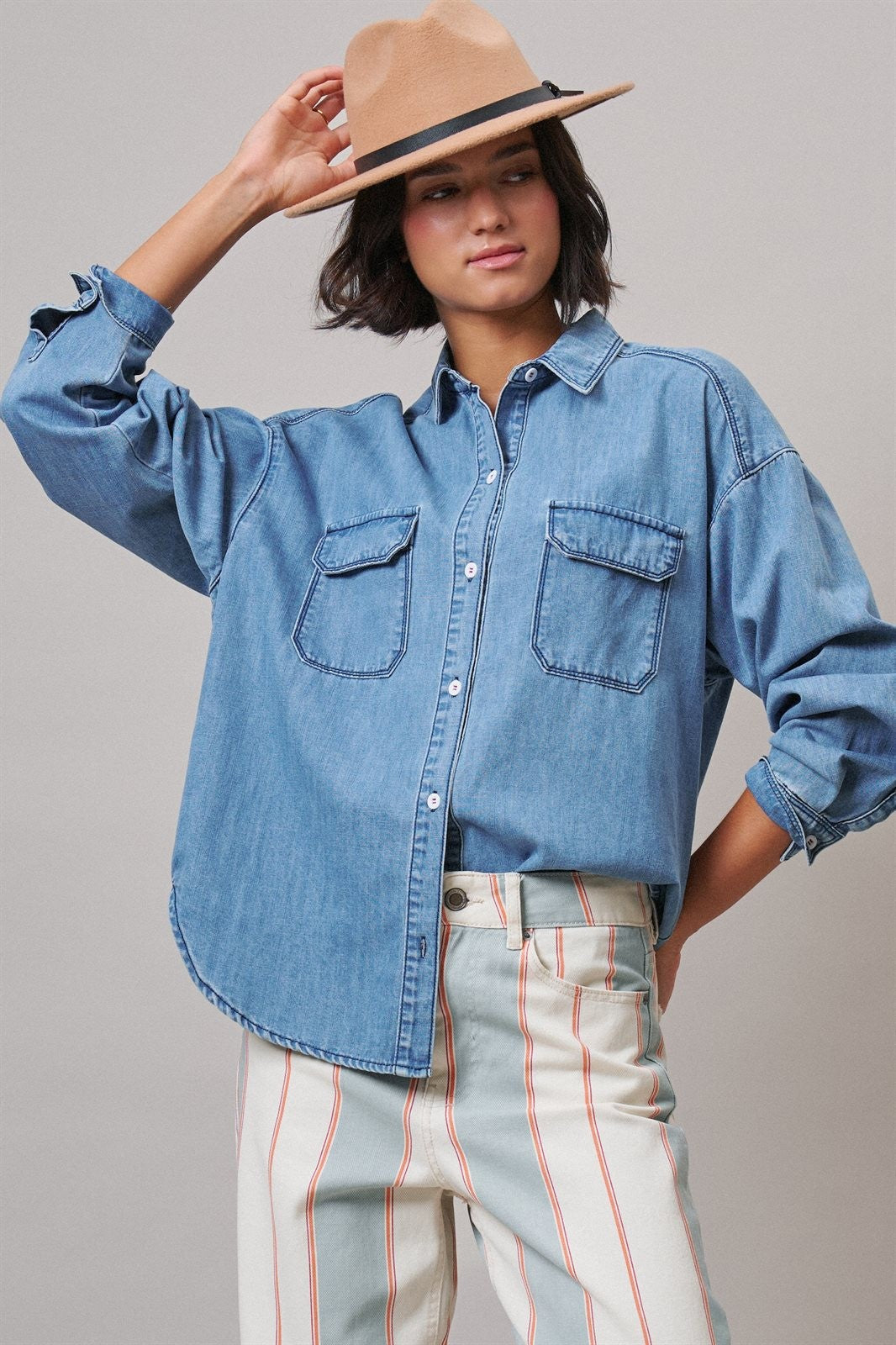 Oversized Denim Button-Down Shirt with Chest Pockets in Blue - Women's Shirts & Blouses | Urban Daizy