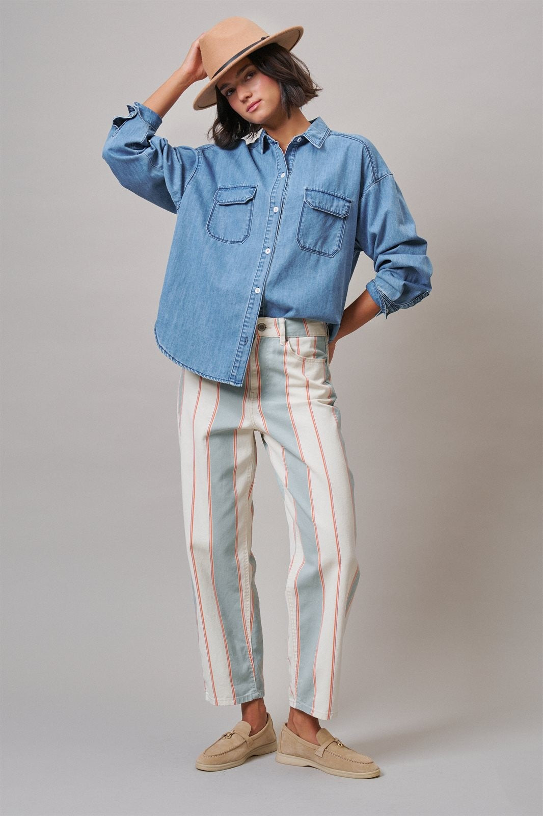 Oversized Denim Button-Down Shirt with Chest Pockets in Blue - Women's Shirts & Blouses | Urban Daizy