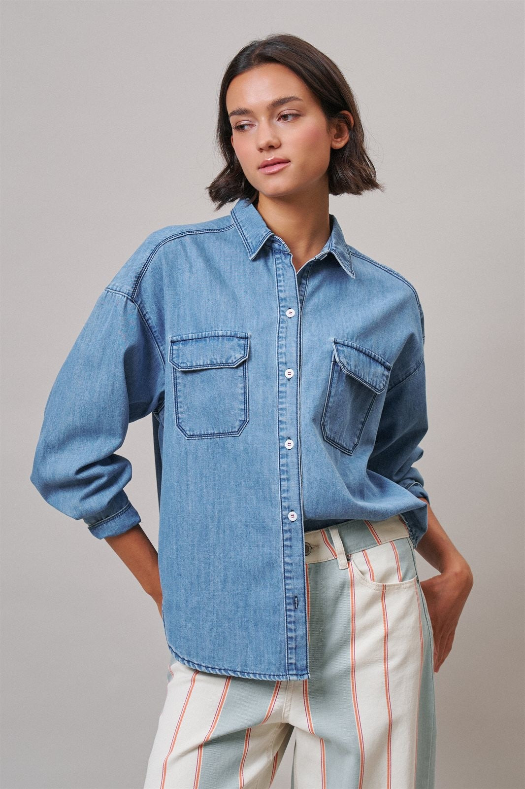 Oversized Denim Button-Down Shirt with Chest Pockets in Blue - Women's Shirts & Blouses | Urban Daizy