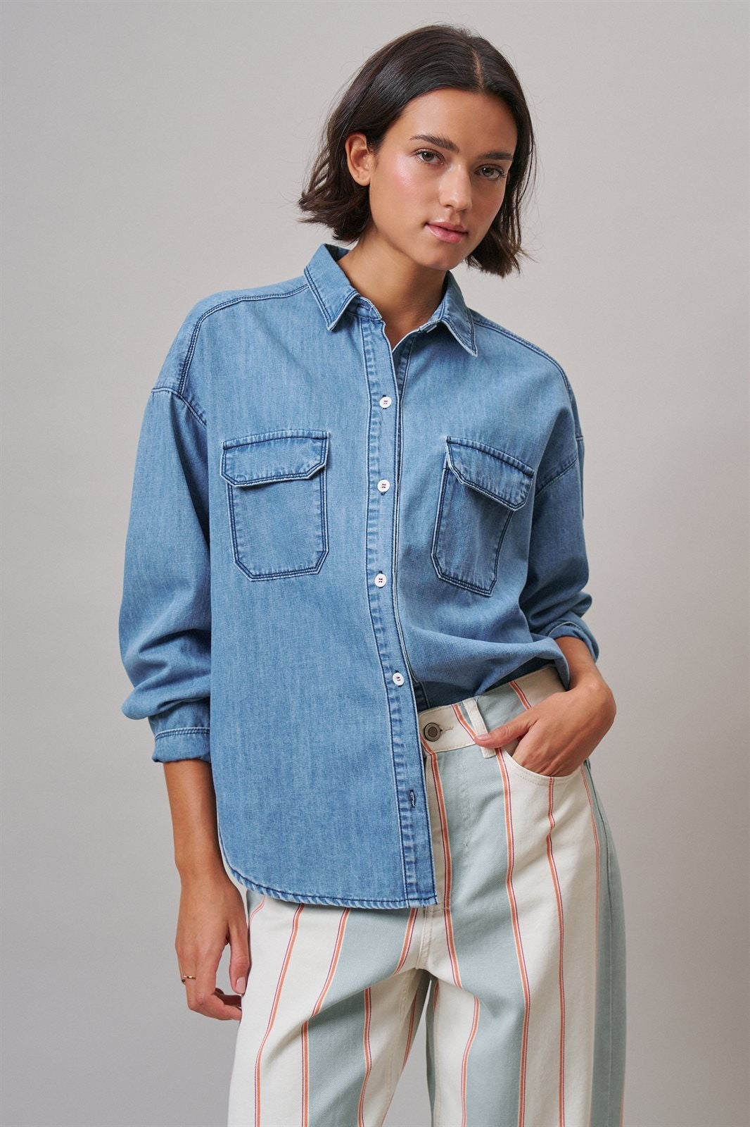Oversized Denim Button-Down Shirt with Chest Pockets in Blue - Women's Shirts & Blouses | Urban Daizy
