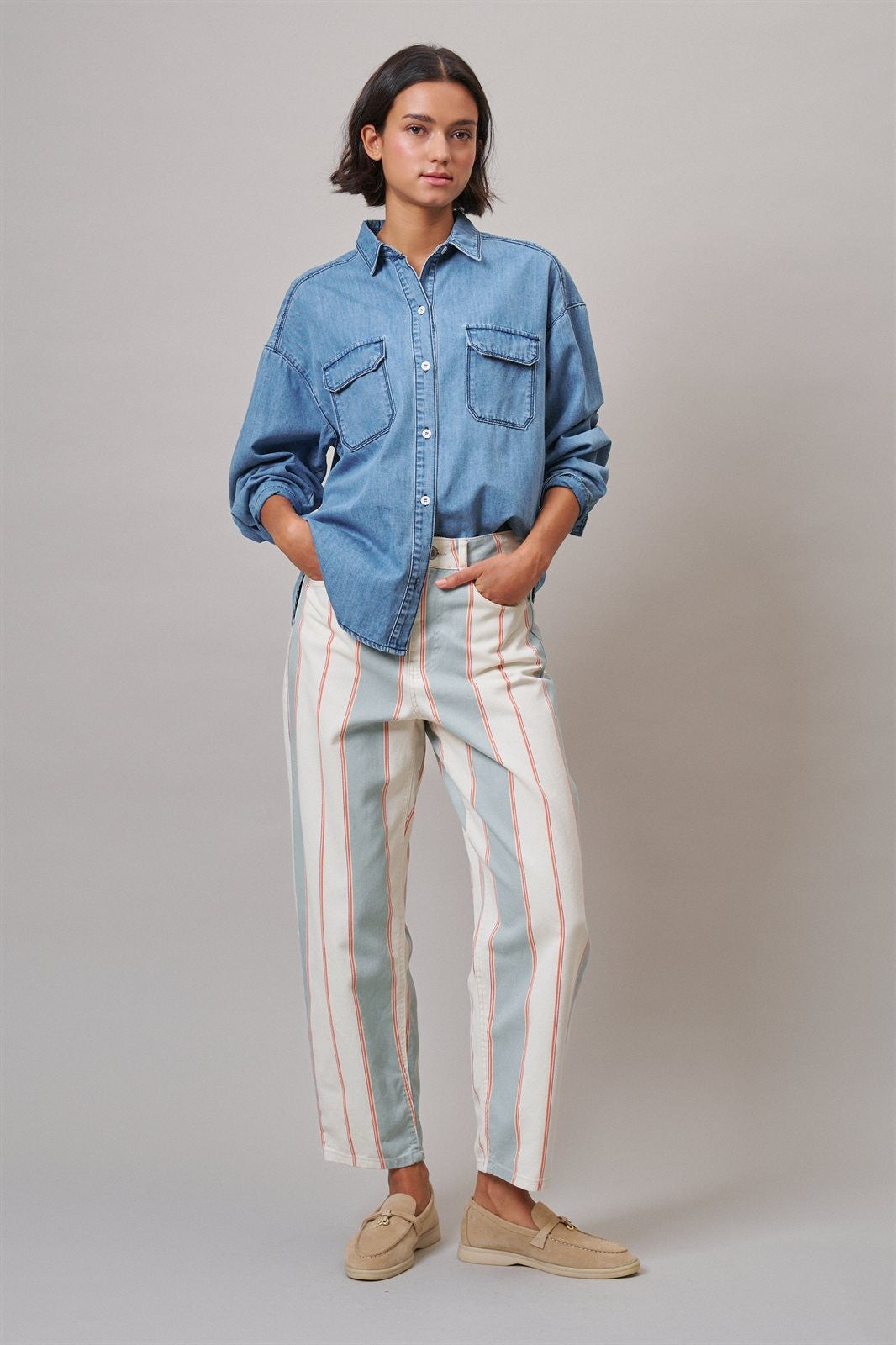 Oversized Denim Button-Down Shirt with Chest Pockets in Blue - Women's Shirts & Blouses | Urban Daizy