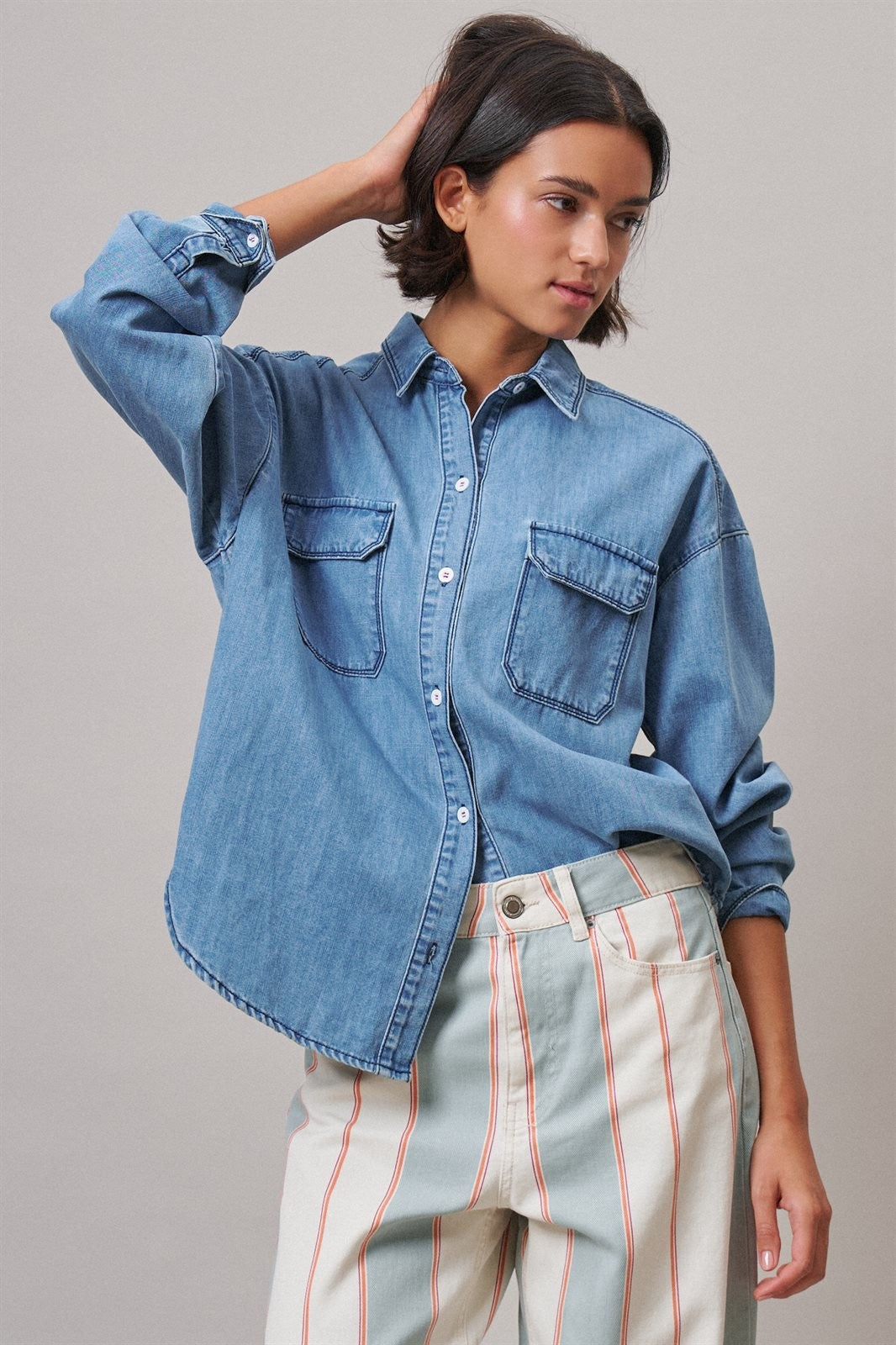 Oversized Denim Button-Down Shirt with Chest Pockets in Blue - Women's Shirts & Blouses | Urban Daizy