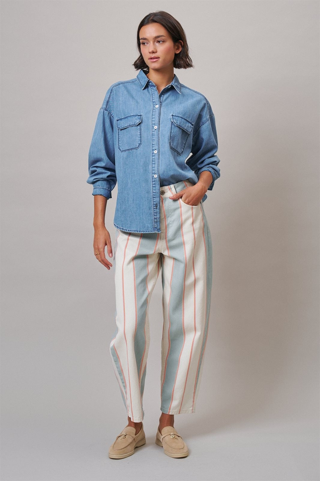 Oversized Denim Button-Down Shirt with Chest Pockets in Blue - Women's Shirts & Blouses | Urban Daizy