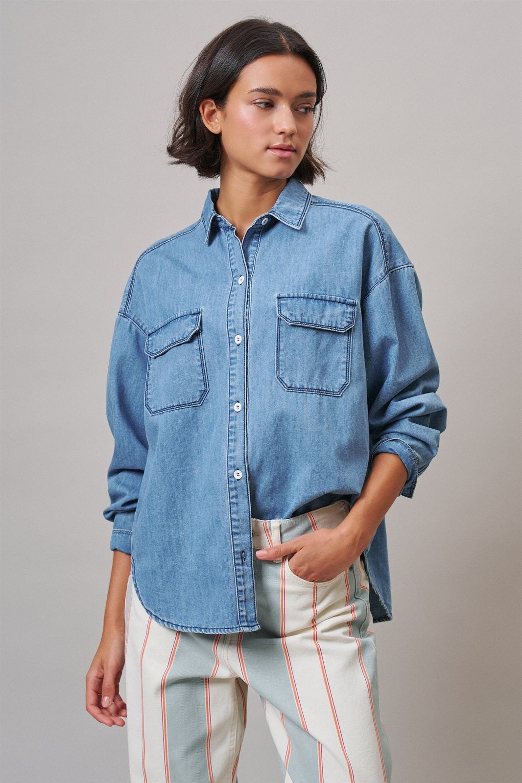 Oversized Denim Button-Down Shirt with Chest Pockets in Blue - Women's Shirts & Blouses | Urban Daizy