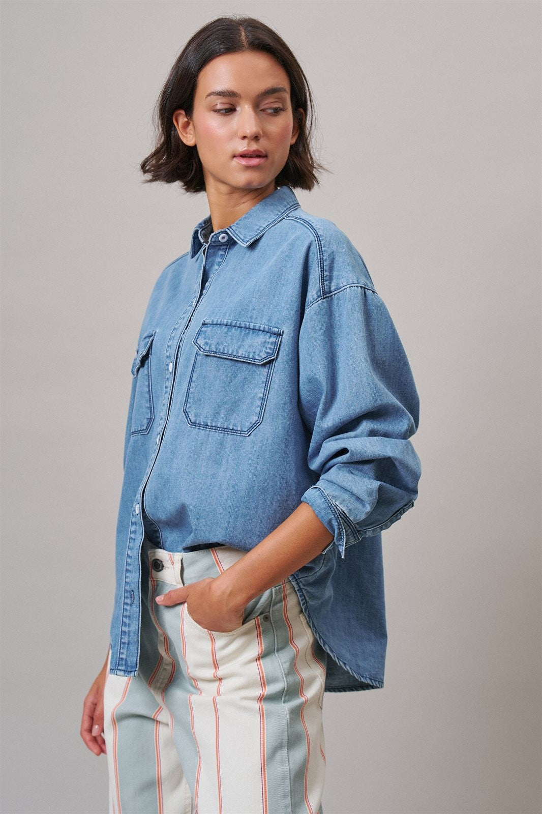 Oversized Denim Button-Down Shirt with Chest Pockets in Blue - Women's Shirts & Blouses | Urban Daizy