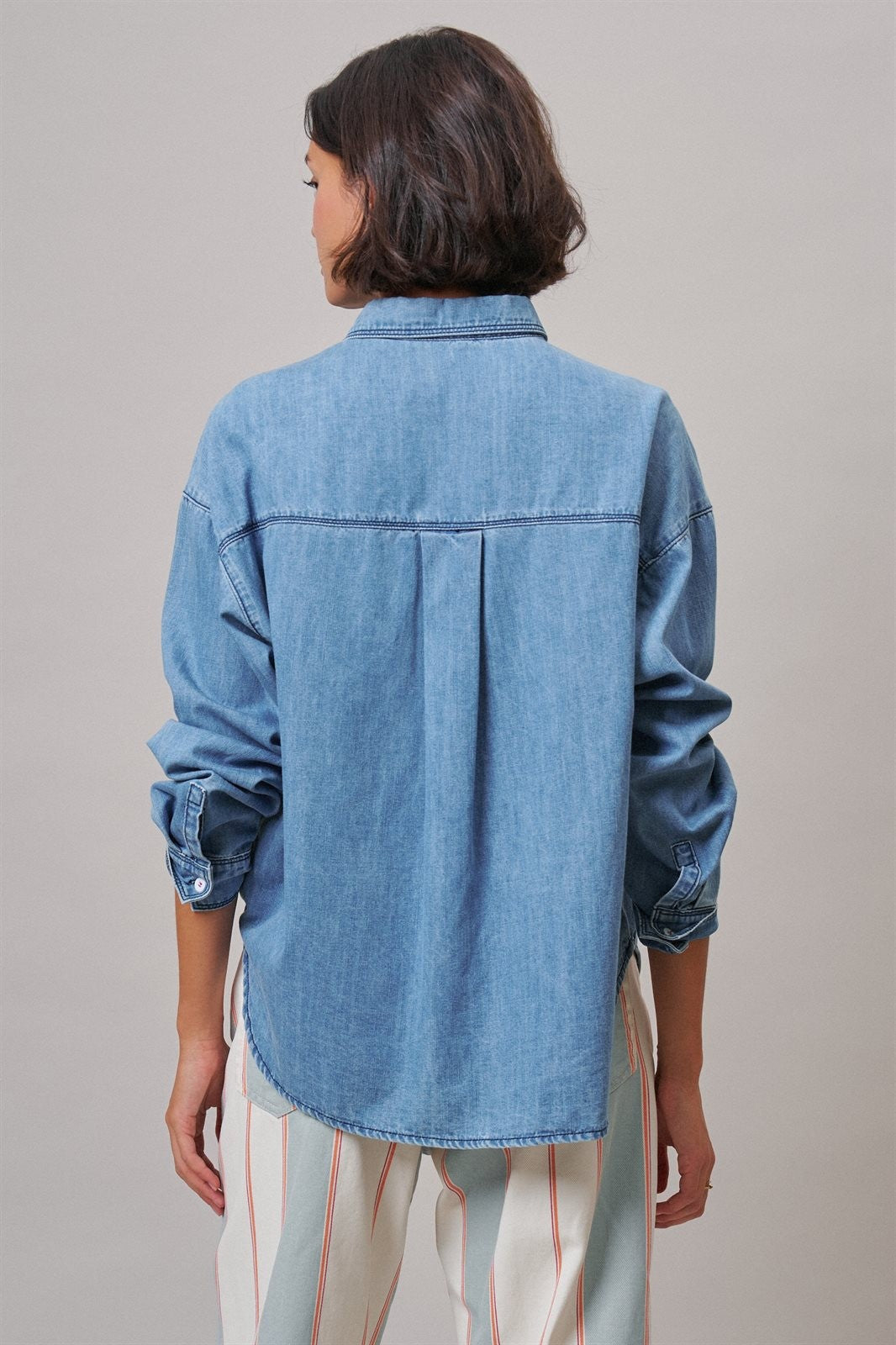 Oversized Denim Button-Down Shirt with Chest Pockets in Blue - Women's Shirts & Blouses | Urban Daizy