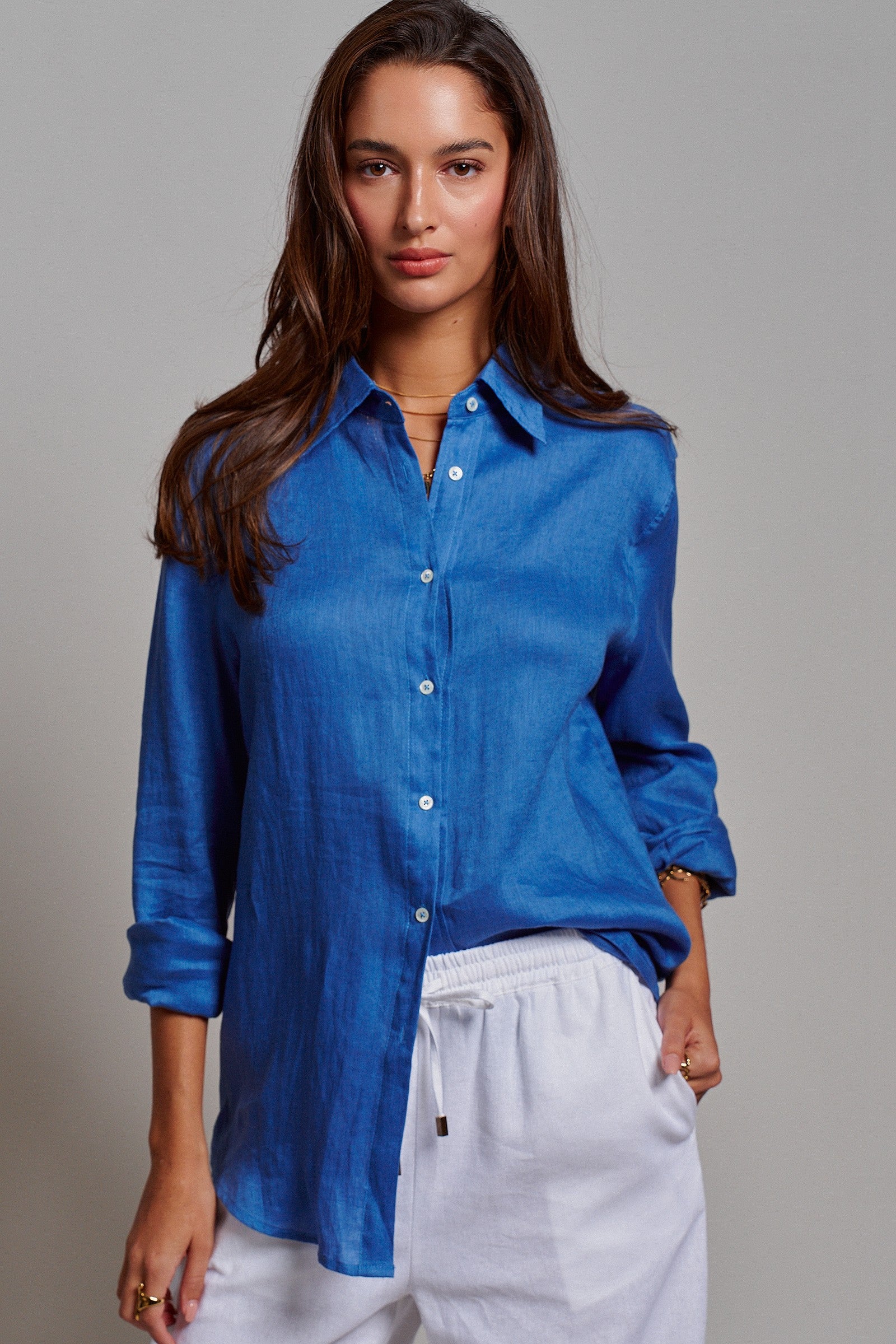 Button-Down Linen Blend Shirt With Back Yoke Detail in Blue - Women's Tops | Urban Daizy