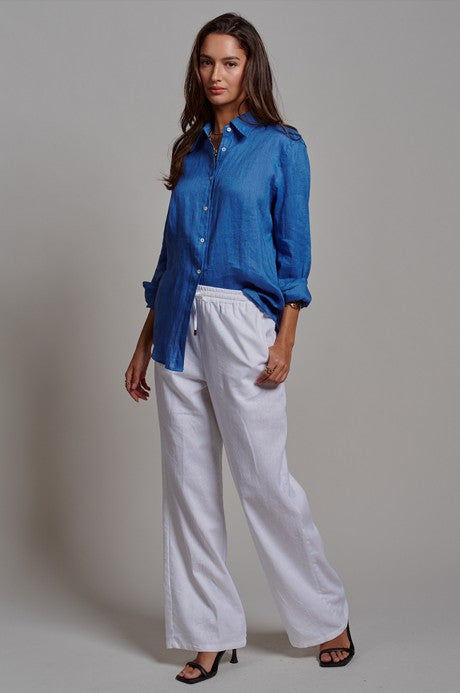 Button-Down Linen Blend Shirt With Back Yoke Detail in Blue - Women's Tops | Urban Daizy