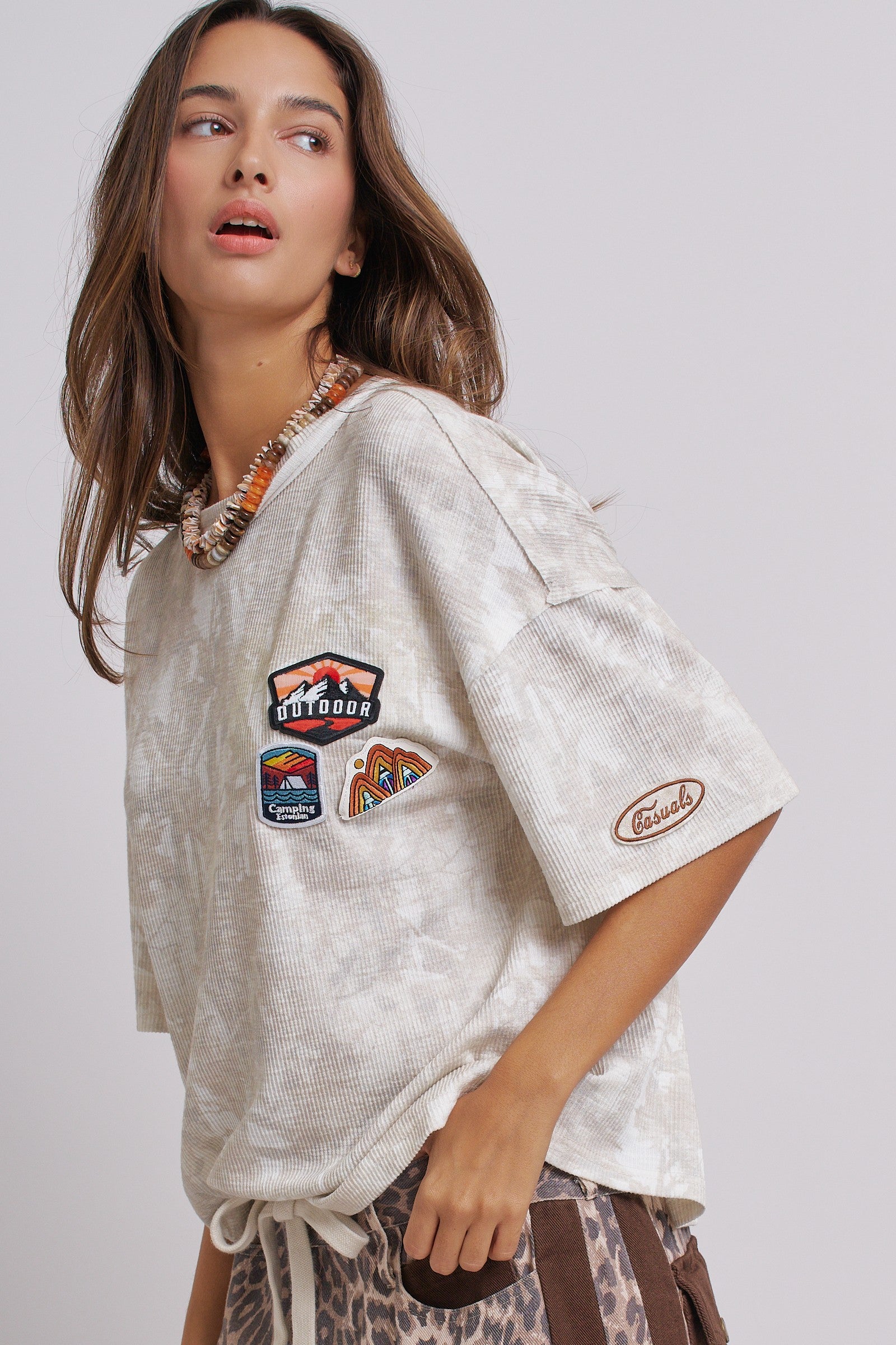 Adventure Patch Ribbed Oversized Tee With Raw Edge Details in Camo - Women's Tops | Urban Daizy
