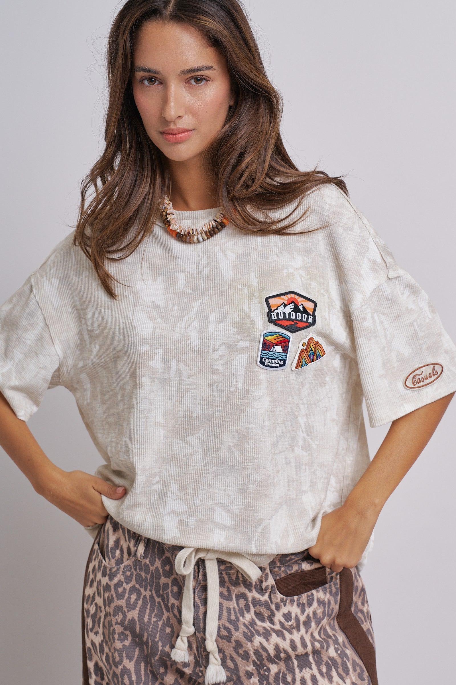 Adventure Patch Ribbed Oversized Tee With Raw Edge Details in Camo - Women's Tops | Urban Daizy