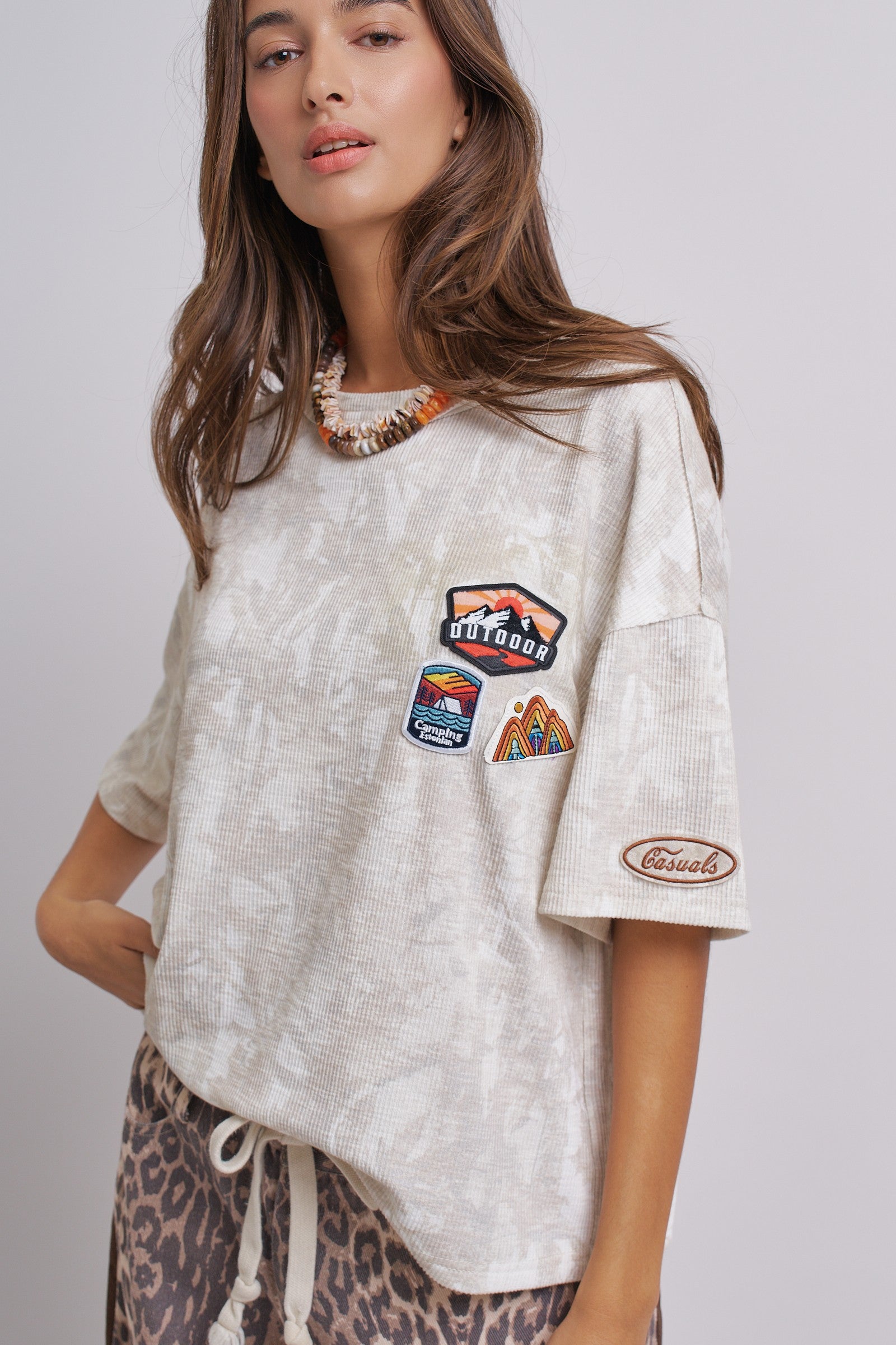 Adventure Patch Ribbed Oversized Tee With Raw Edge Details in Camo - Women's Tops | Urban Daizy