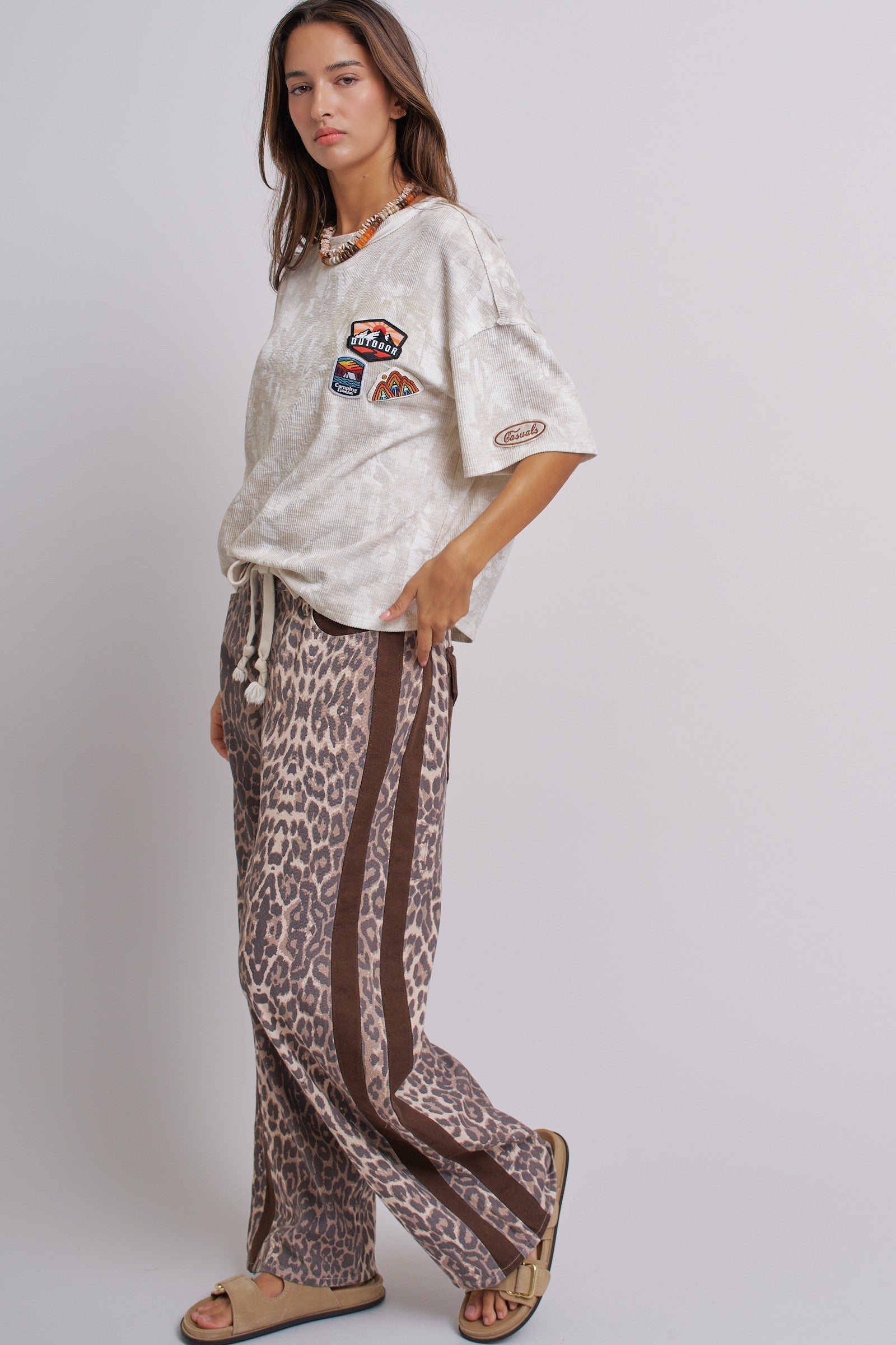 Adventure Patch Ribbed Oversized Tee With Raw Edge Details in Camo - Women's Tops | Urban Daizy