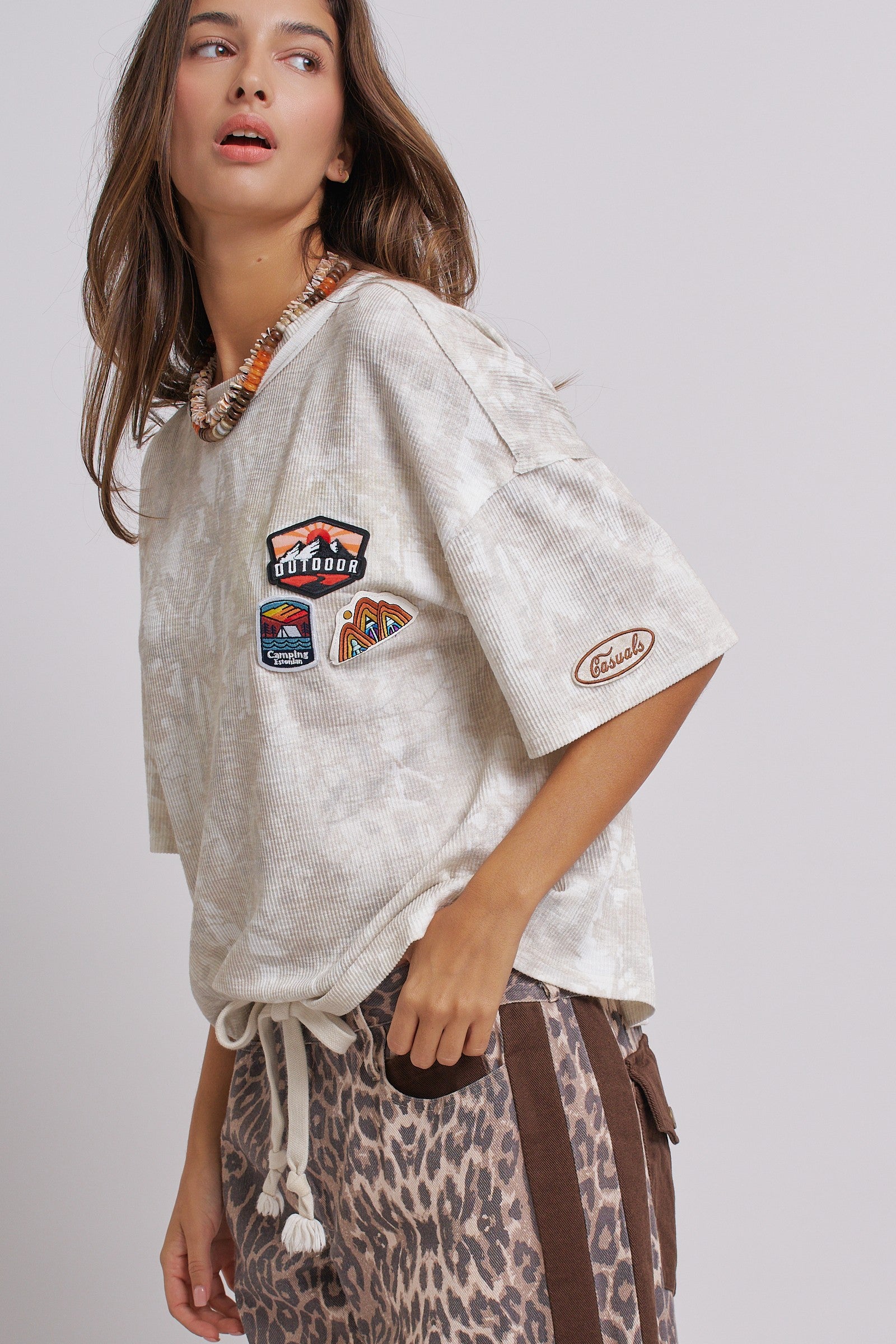 Adventure Patch Ribbed Oversized Tee With Raw Edge Details in Camo - Women's Tops | Urban Daizy
