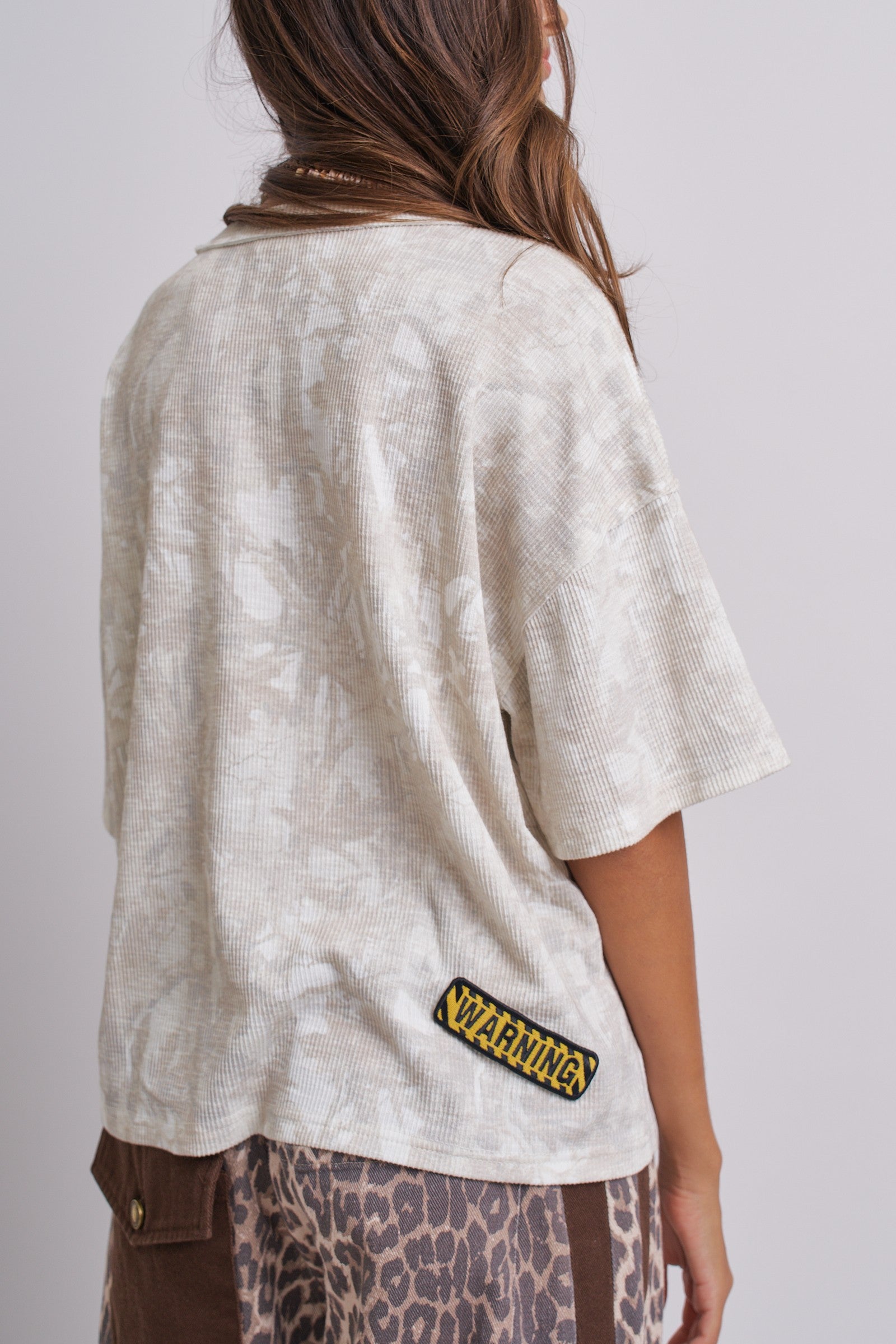 Adventure Patch Ribbed Oversized Tee With Raw Edge Details in Camo - Women's Tops | Urban Daizy