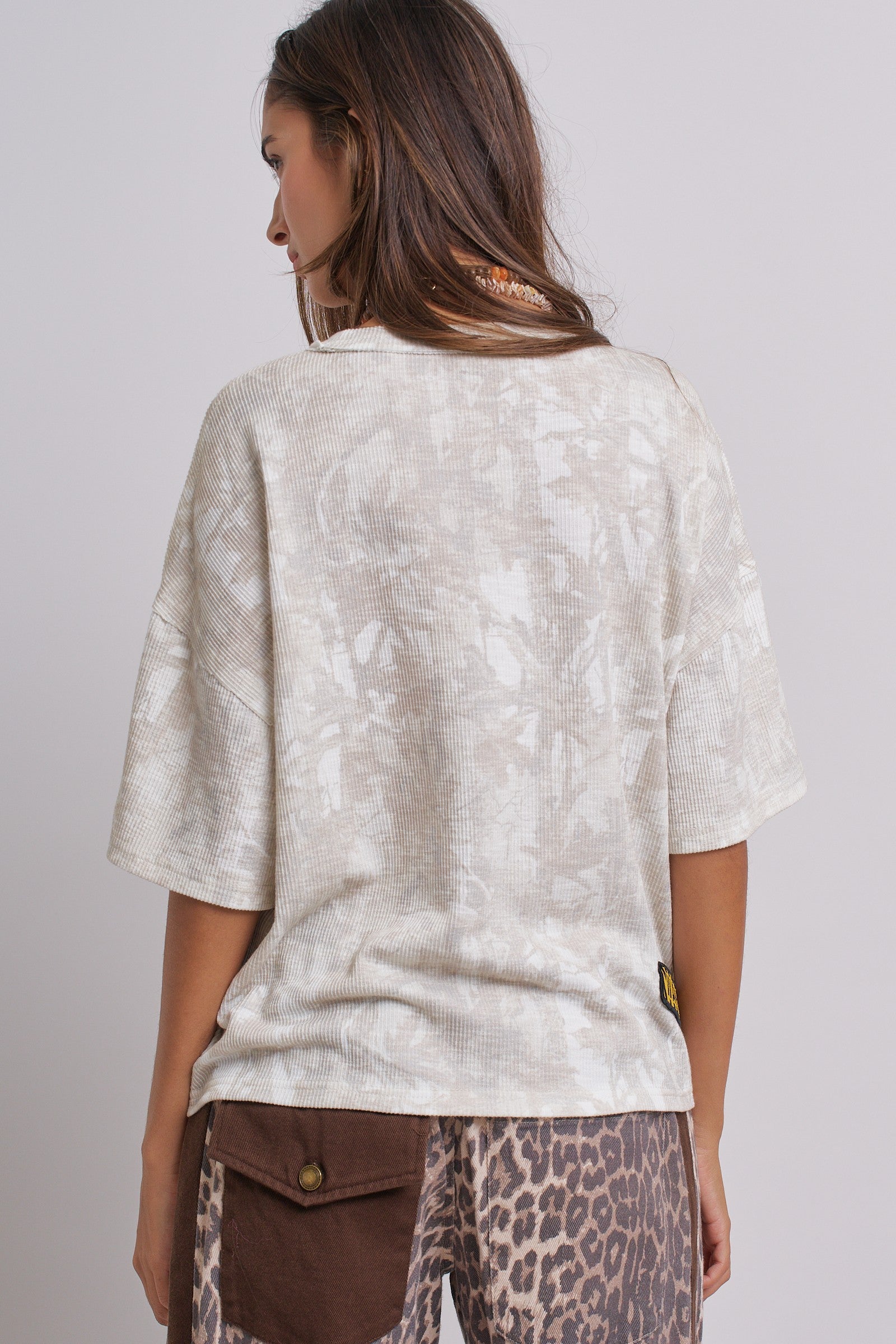 Adventure Patch Ribbed Oversized Tee With Raw Edge Details in Camo - Women's Tops | Urban Daizy