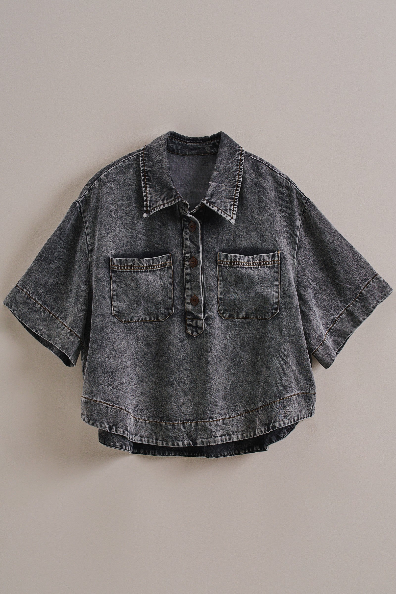 Washed Denim Half Placket Cropped Utility Shirt in Black - Women's Tops | Urban Daizy