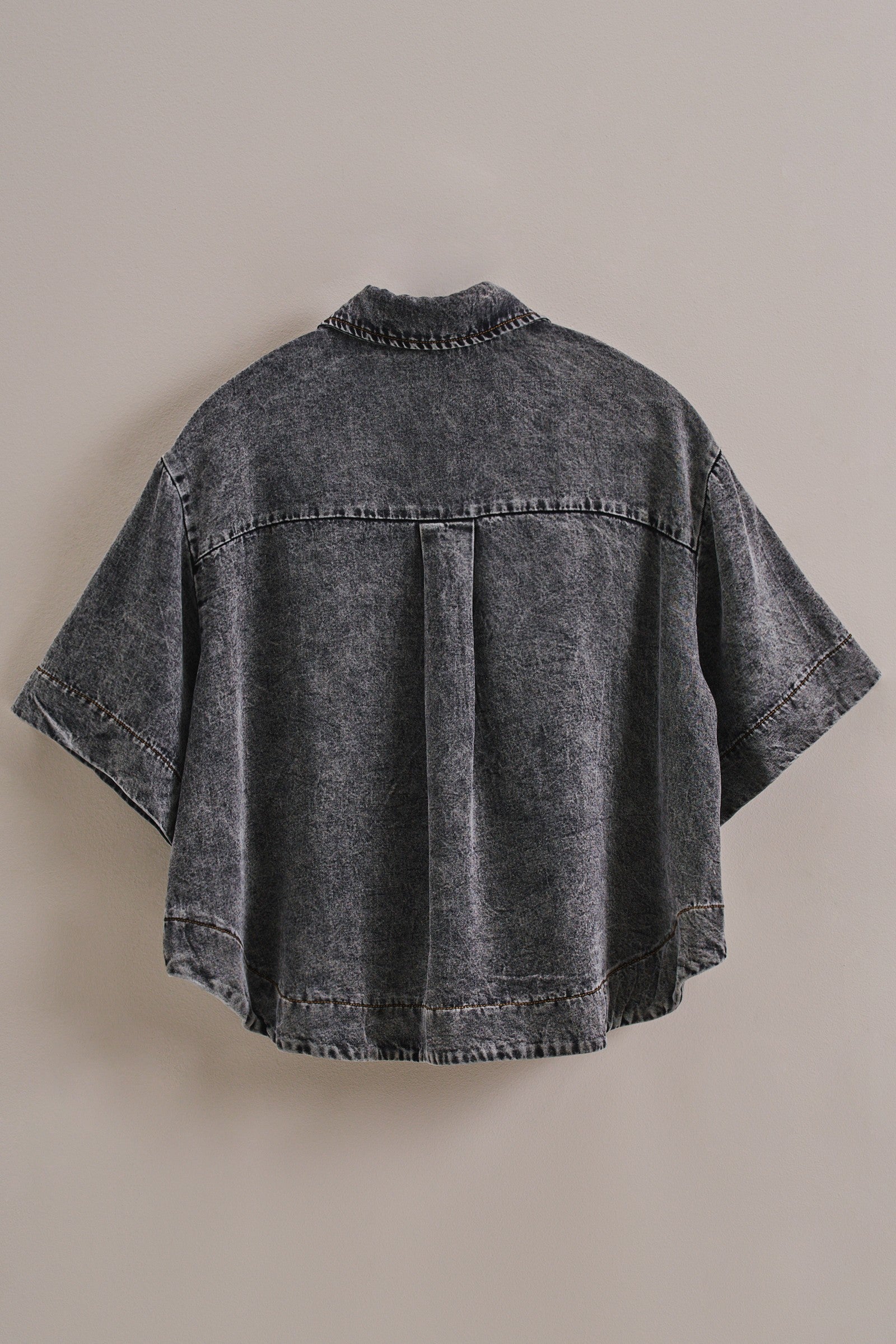 Washed Denim Half Placket Cropped Utility Shirt in Black - Women's Tops | Urban Daizy