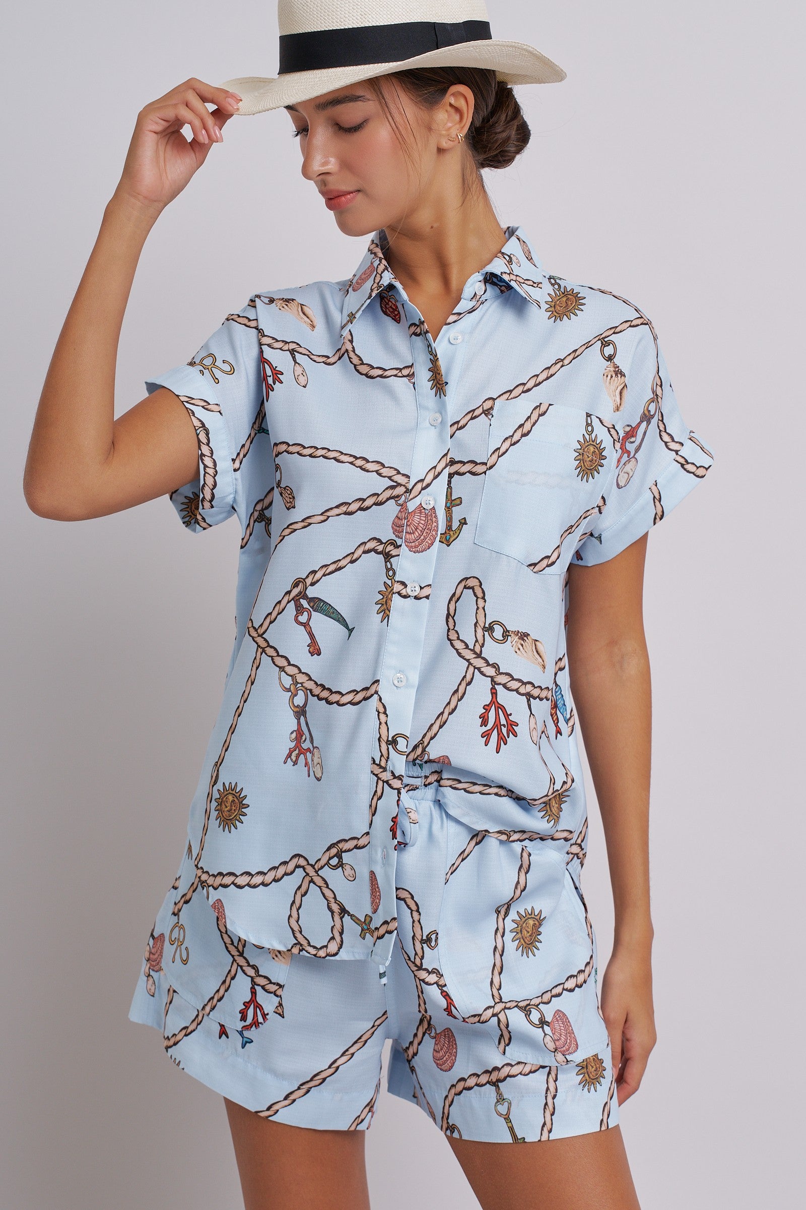 Nautical Rope Print Button Down Shirt Short Sleeve in Blue - Women's Tops | Urban Daizy