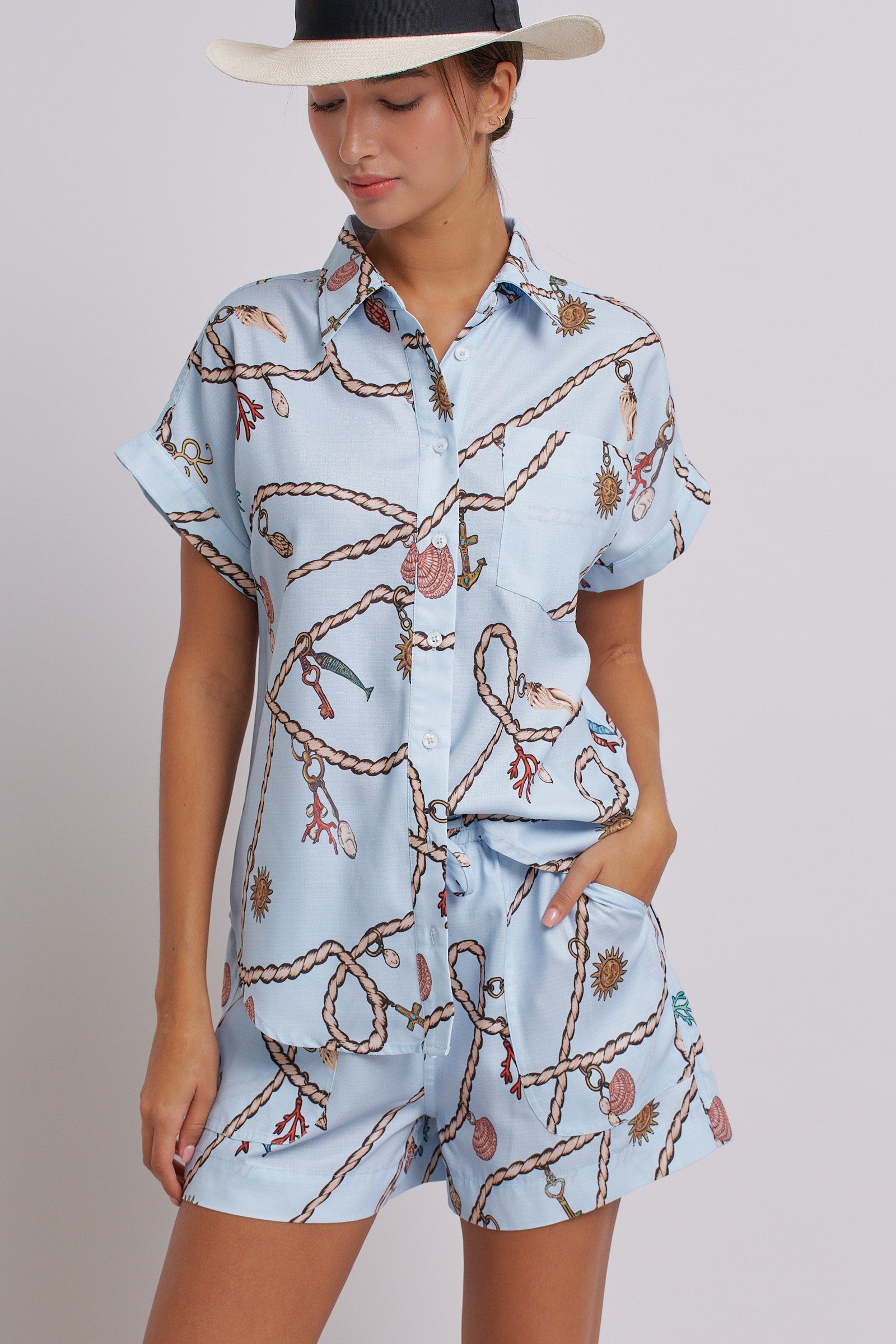 Nautical Rope Print Button Down Shirt Short Sleeve in Blue - Women's Tops | Urban Daizy