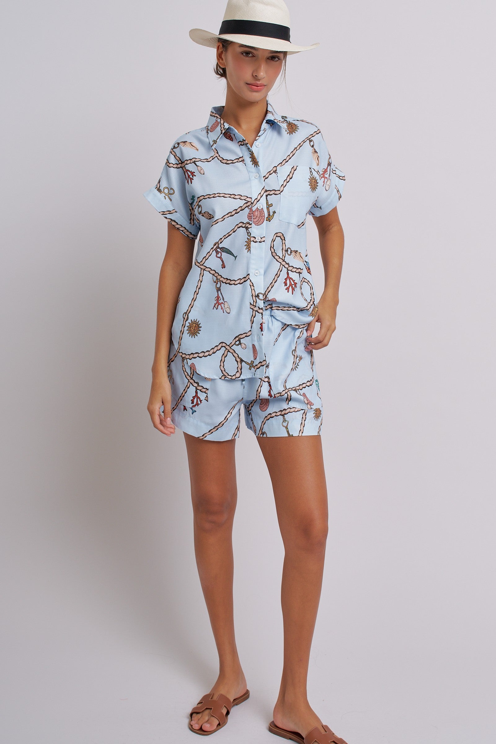 Nautical Rope Print Button Down Shirt Short Sleeve in Blue - Women's Tops | Urban Daizy