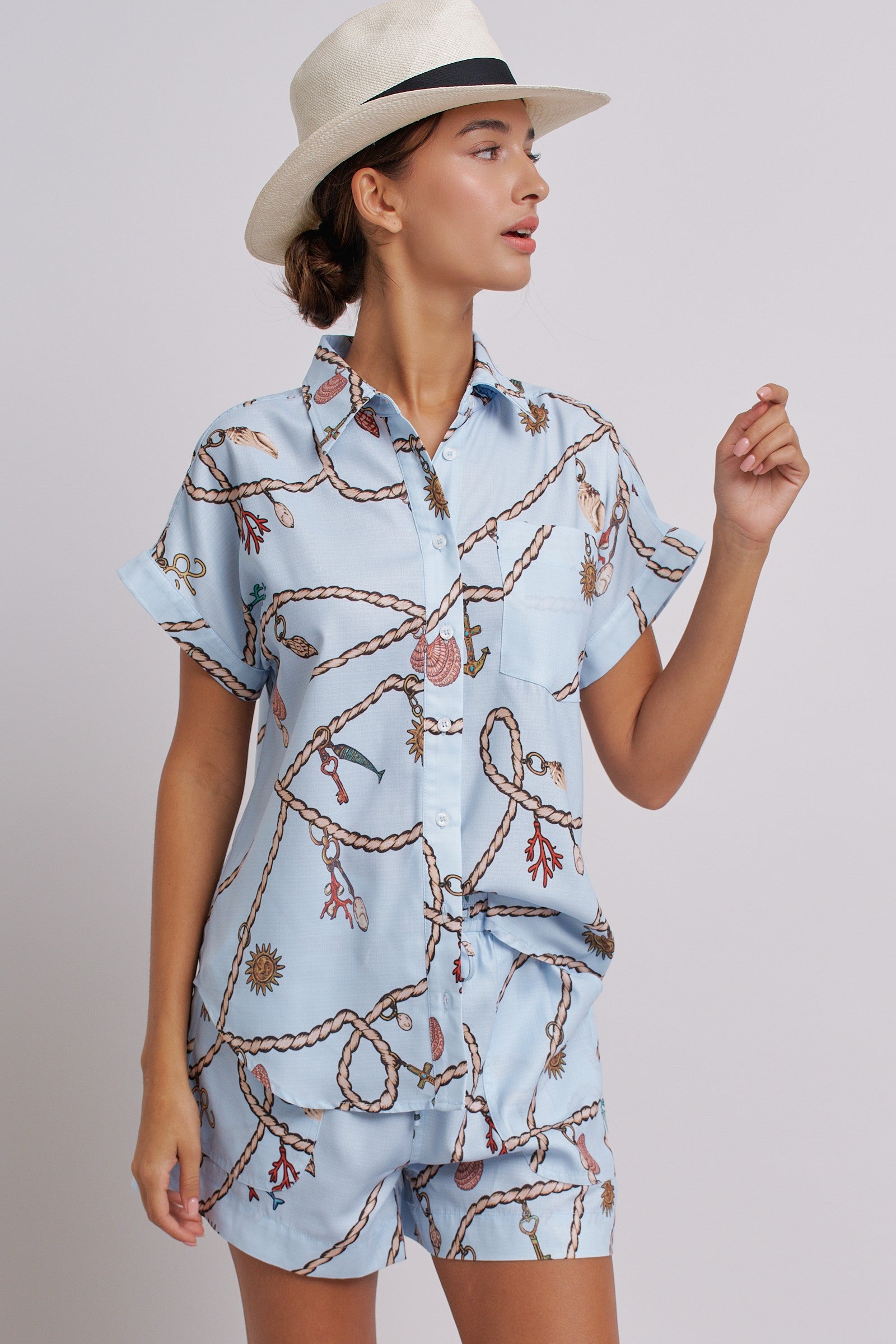 Nautical Rope Print Button Down Shirt Short Sleeve in Blue - Women's Tops | Urban Daizy