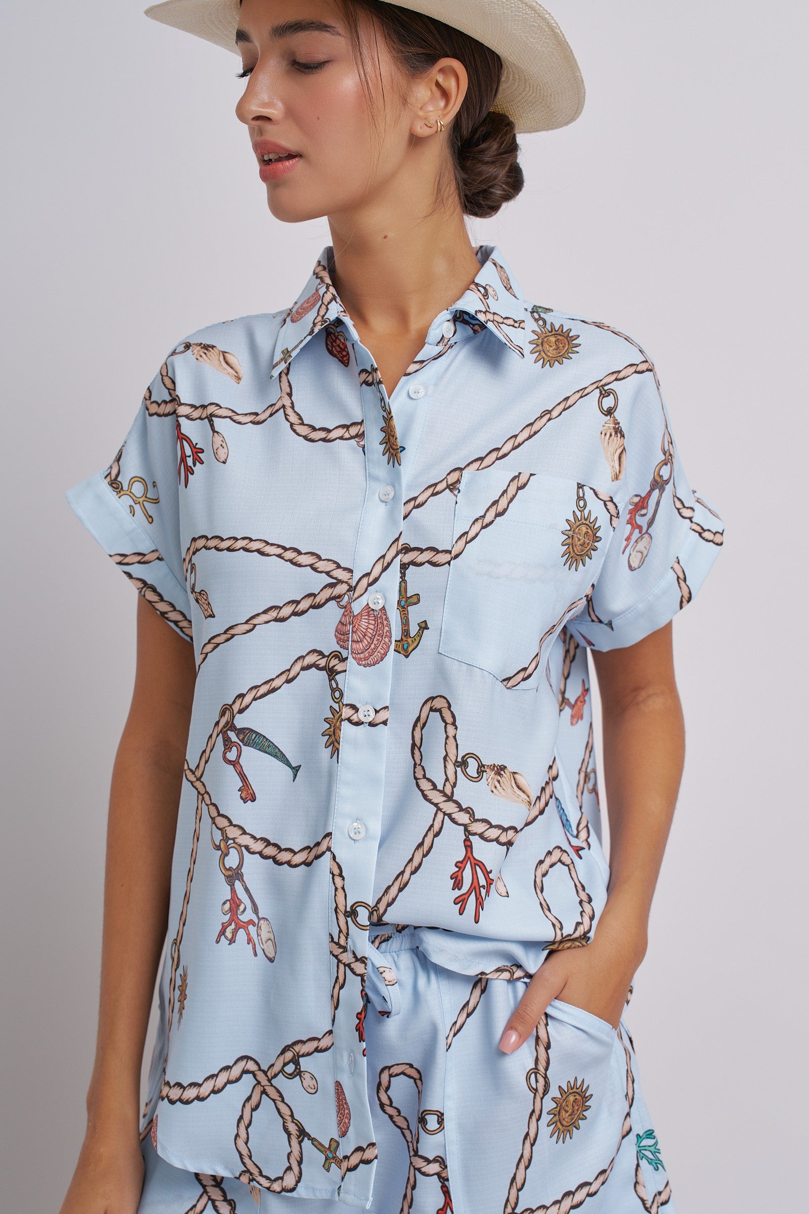 Nautical Rope Print Button Down Shirt Short Sleeve in Blue - Women's Tops | Urban Daizy