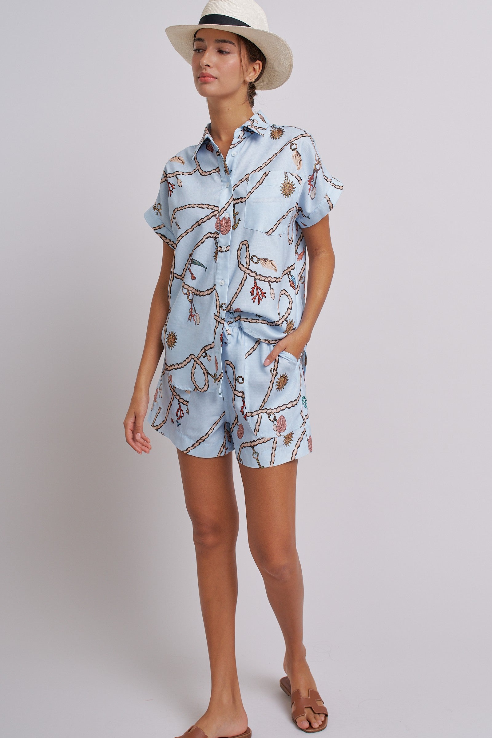 Nautical Rope Print Button Down Shirt Short Sleeve in Blue - Women's Tops | Urban Daizy